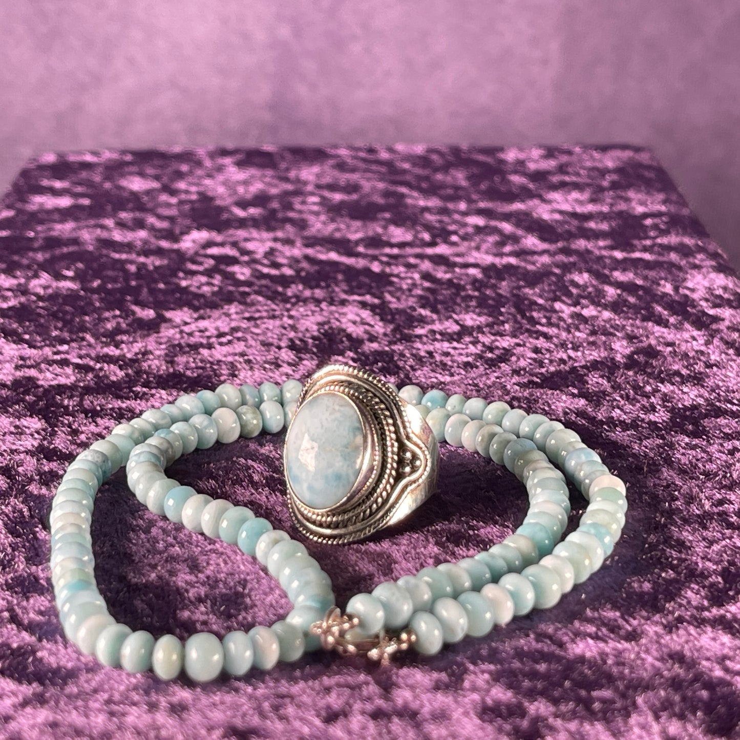 2 Piece Sterling Silver and Larimar Necklace and Ring Size S.25 / 9.25 Chain