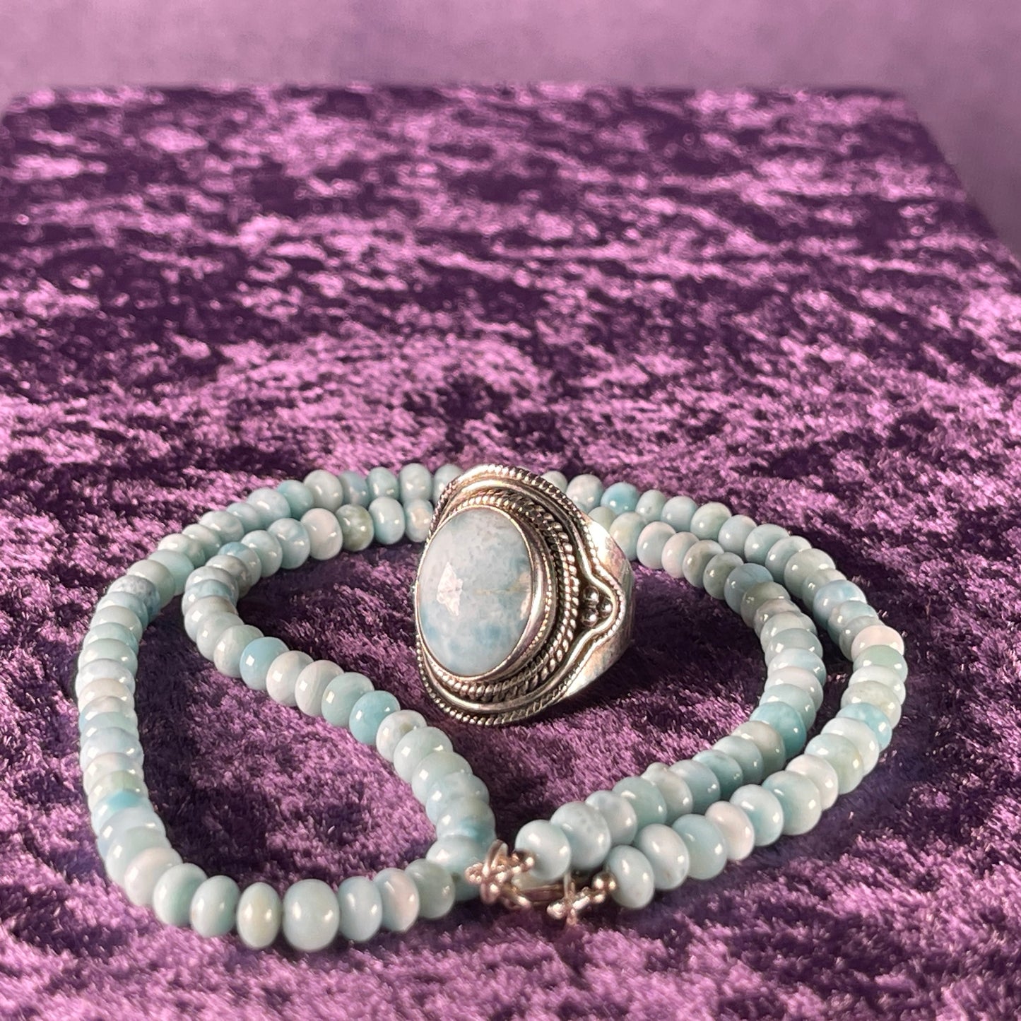 2 Piece Sterling Silver and Larimar Necklace and Ring Size S.25 / 9.25 Chain