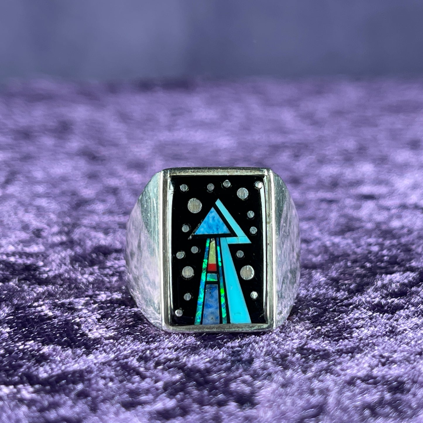 Native American Navajo Sterling Silver Mens Ring 925 Calvin Begay Starry Night Opal Size Z / 12.5