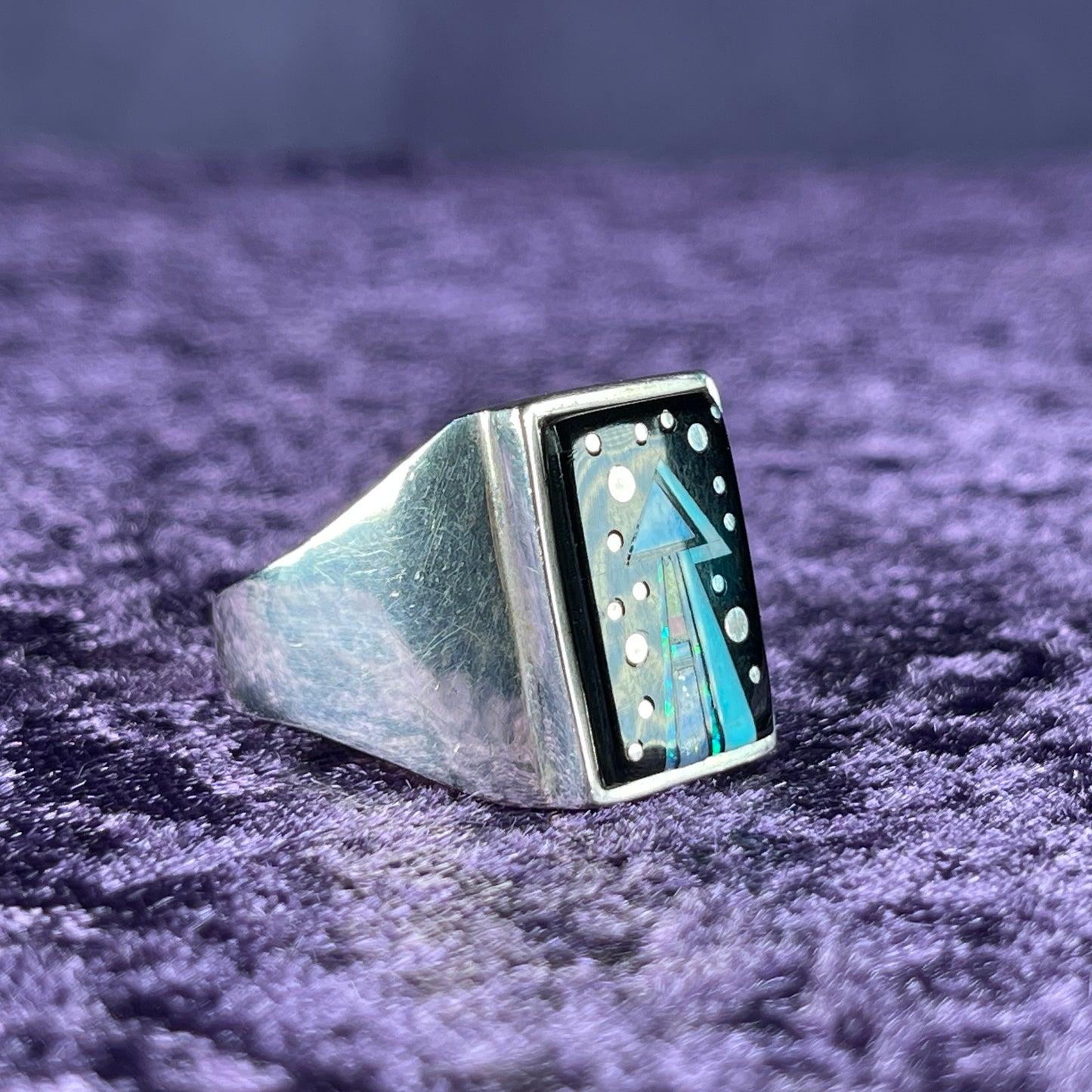 Native American Navajo Sterling Silver Mens Ring 925 Calvin Begay Starry Night Opal Size Z / 12.5