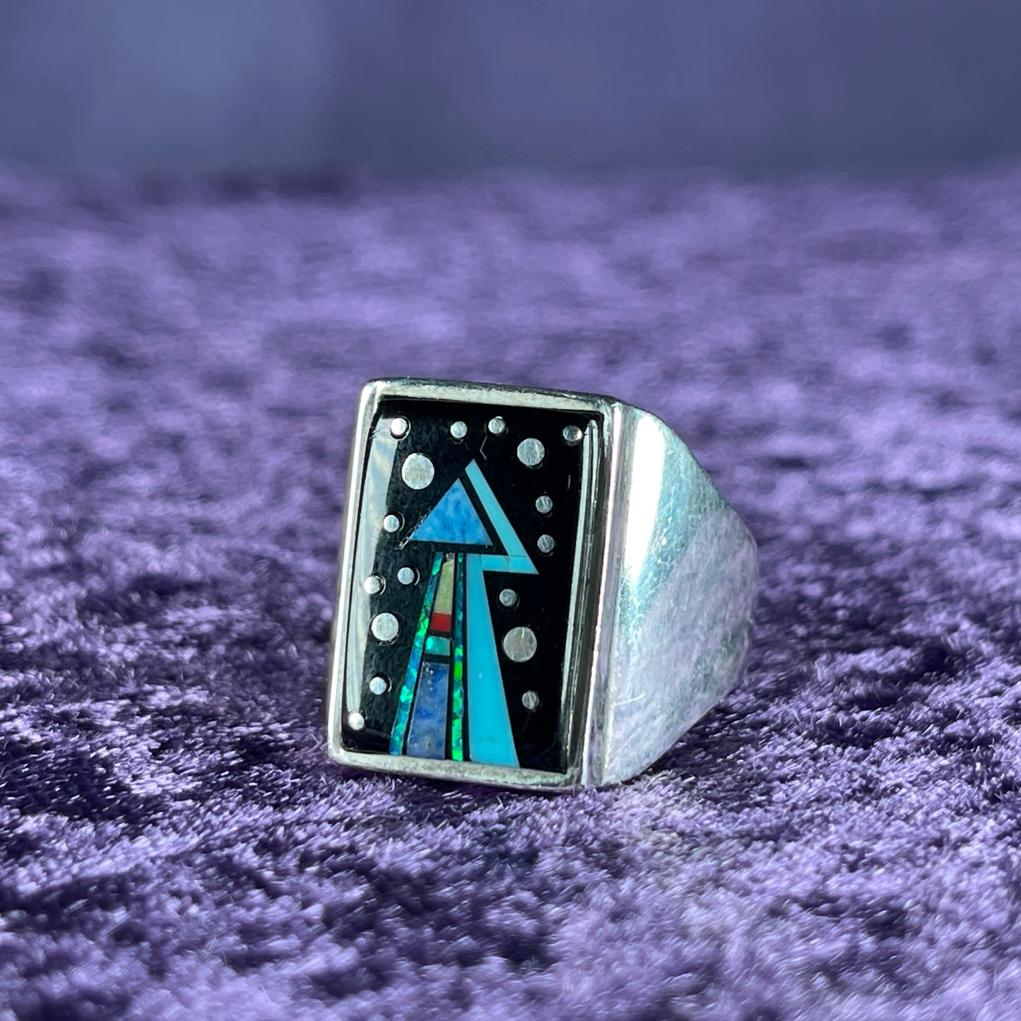 Native American Navajo Sterling Silver Mens Ring 925 Calvin Begay Starry Night Opal Size Z / 12.5