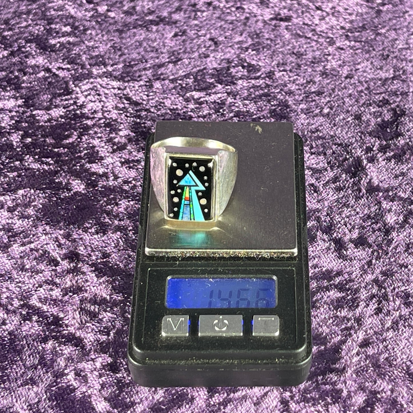 Native American Navajo Sterling Silver Mens Ring 925 Calvin Begay Starry Night Opal Size Z / 12.5