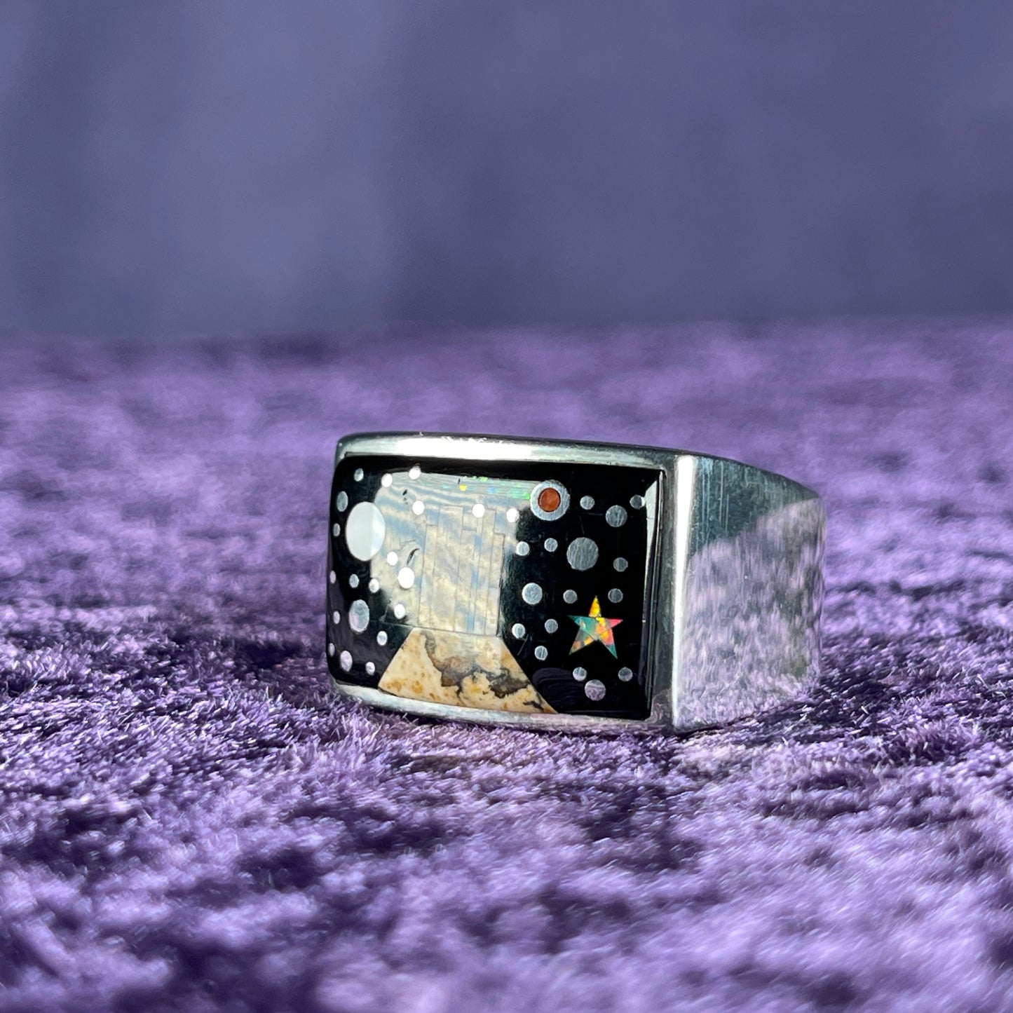 Native American Navajo Sterling Silver Retangle Ring 925 Calvin Begay Stary Night Opal Size W.5 / 11.5