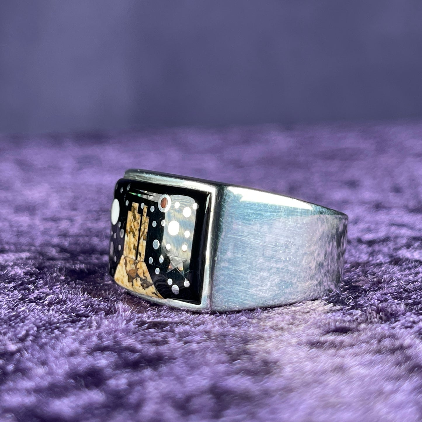 Native American Navajo Sterling Silver Retangle Ring 925 Calvin Begay Stary Night Opal Size W.5 / 11.5