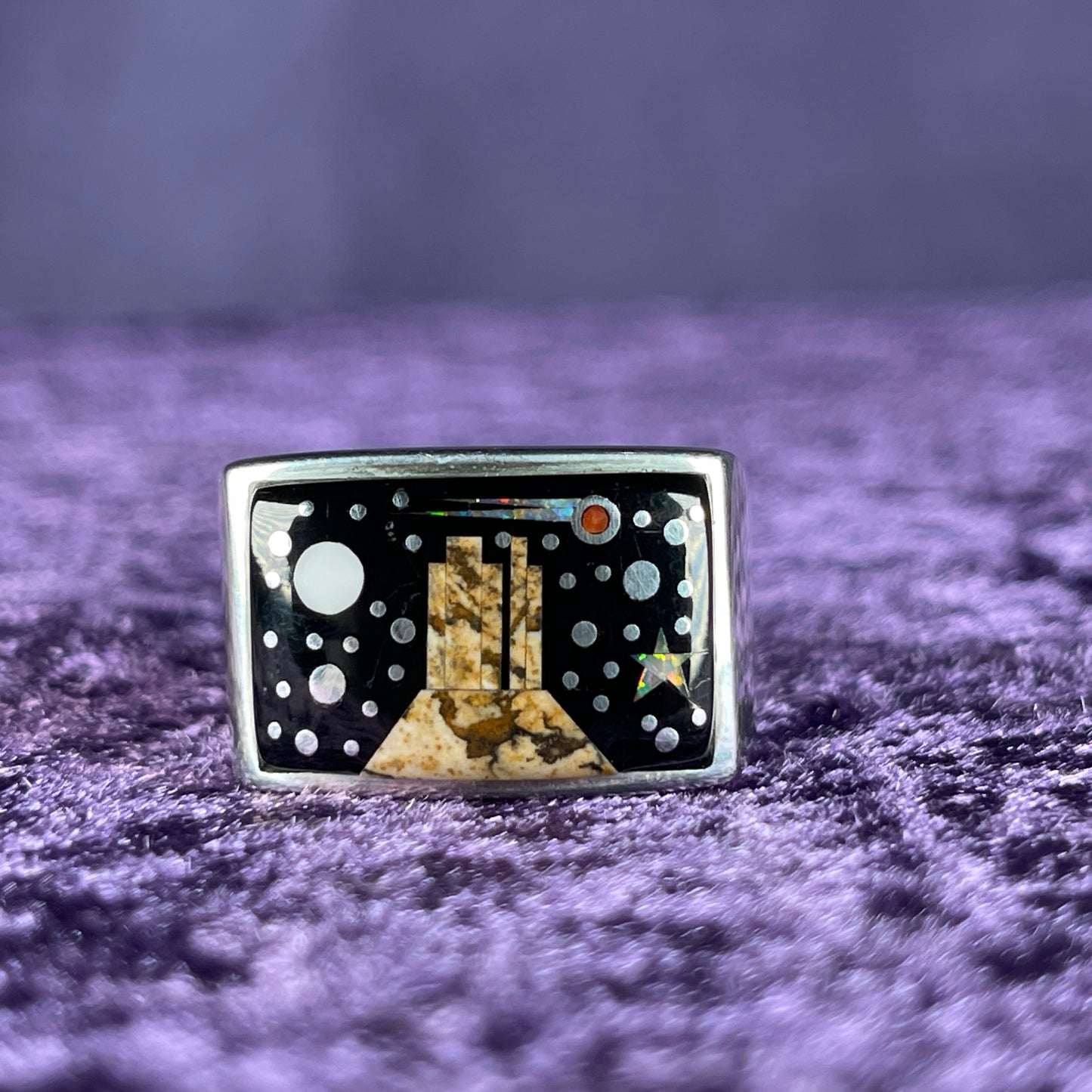 Native American Navajo Sterling Silver Retangle Ring 925 Calvin Begay Stary Night Opal Size W.5 / 11.5