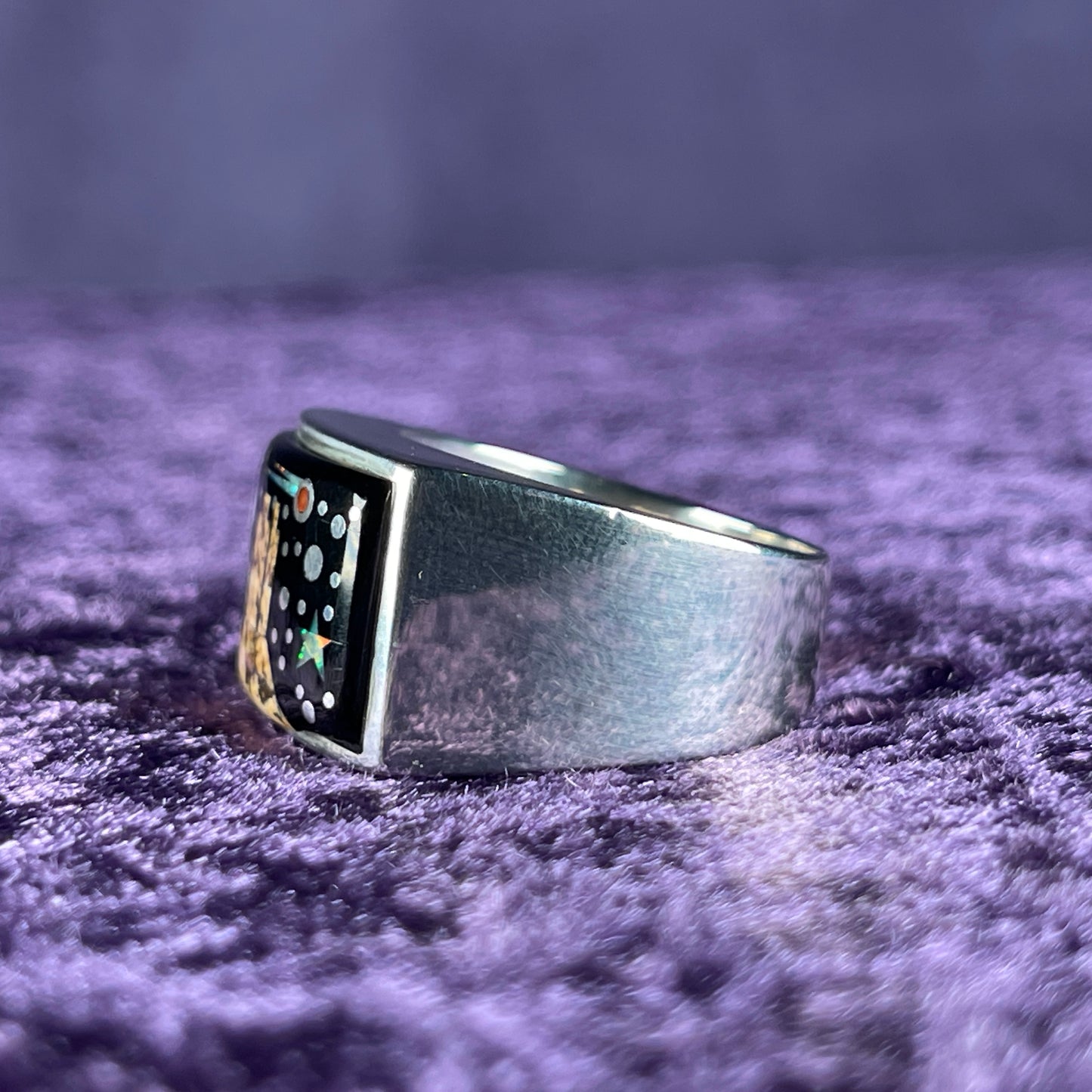 Native American Navajo Sterling Silver Retangle Ring 925 Calvin Begay Stary Night Opal Size W.5 / 11.5
