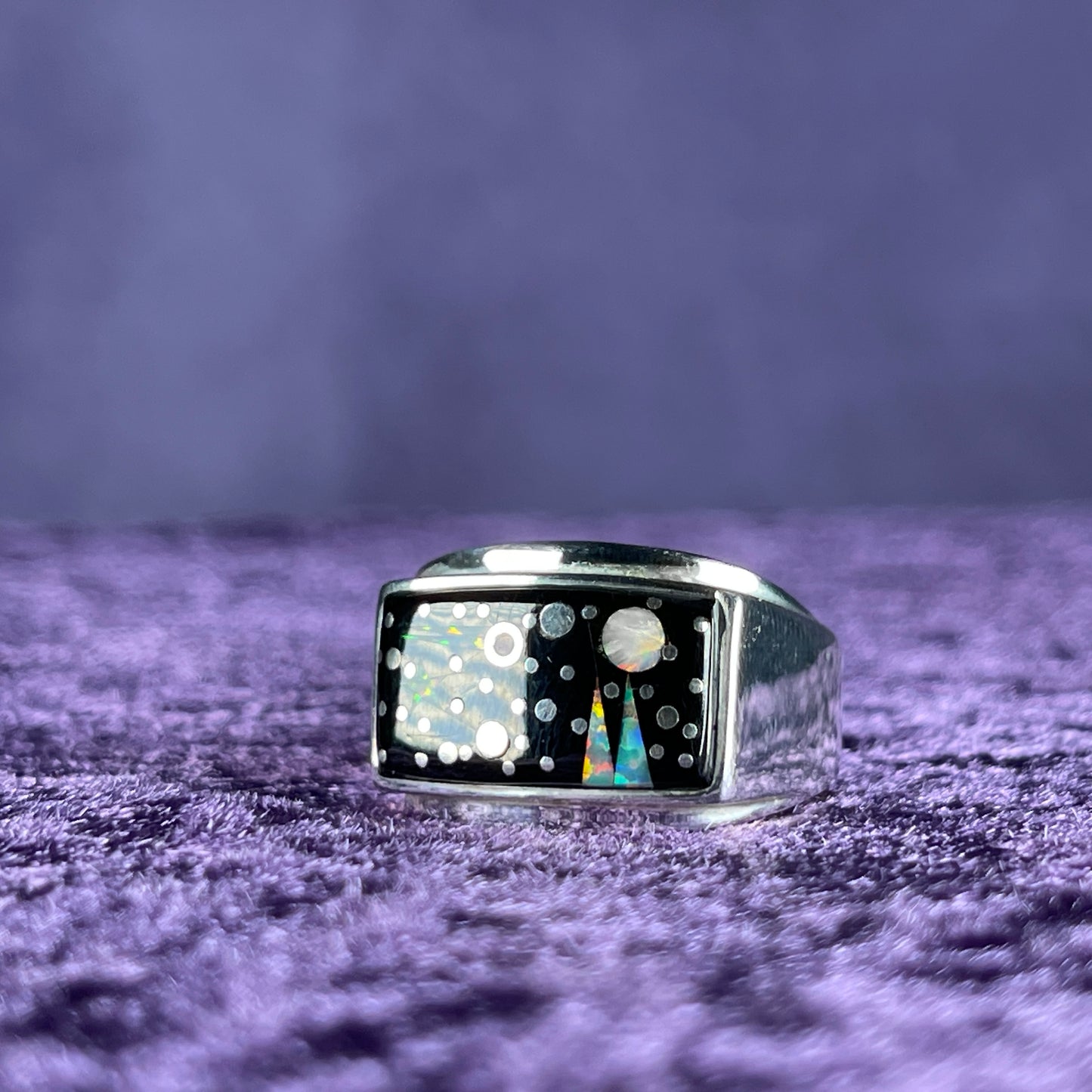 Native American Navajo Sterling Silver Rectangle Ring 925 Calvin Begay Starry Night Opal Size W / 11