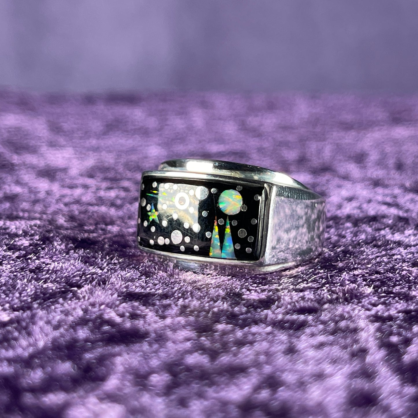 Native American Navajo Sterling Silver Rectangle Ring 925 Calvin Begay Starry Night Opal Size W / 11