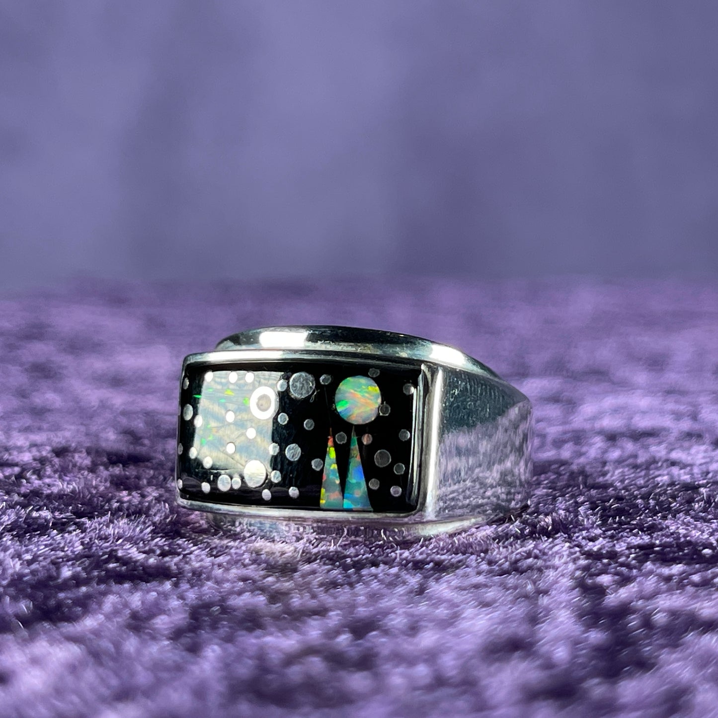 Native American Navajo Sterling Silver Rectangle Ring 925 Calvin Begay Starry Night Opal Size W / 11