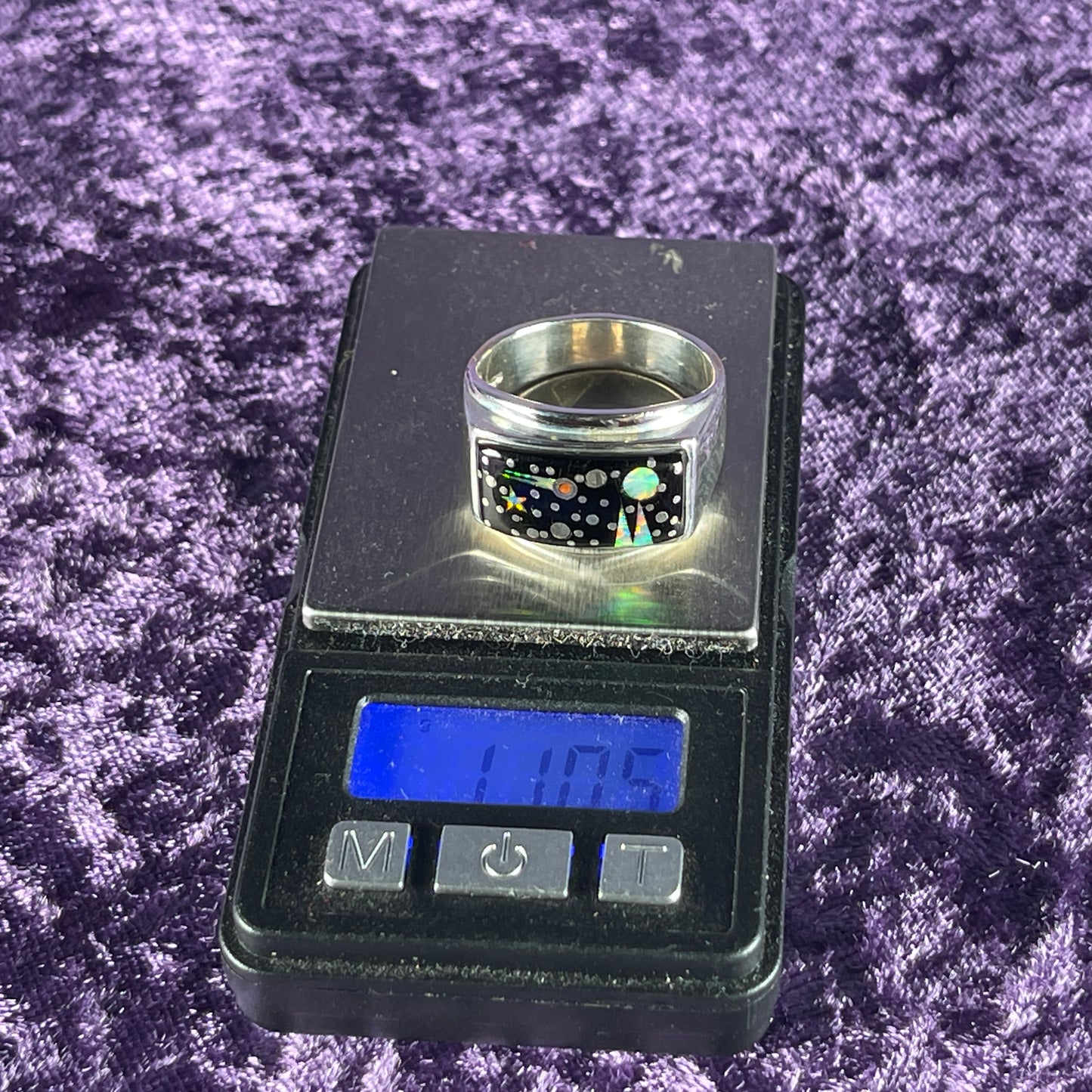 Native American Navajo Sterling Silver Rectangle Ring 925 Calvin Begay Starry Night Opal Size W / 11