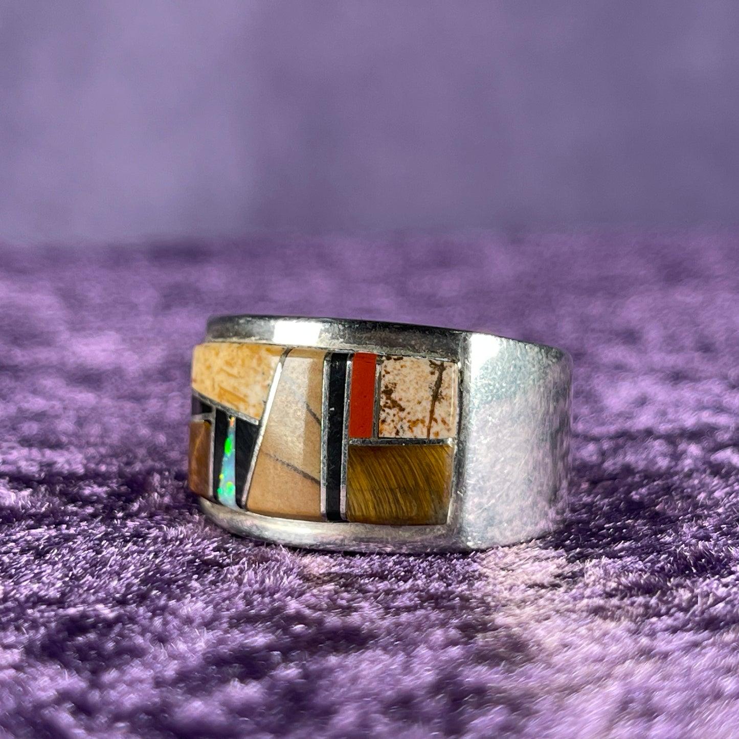 Native American Navajo Sterling Silver Tigers Eye Opal Rectangle Ring 925 Calvin Begay Size X / 11.5 