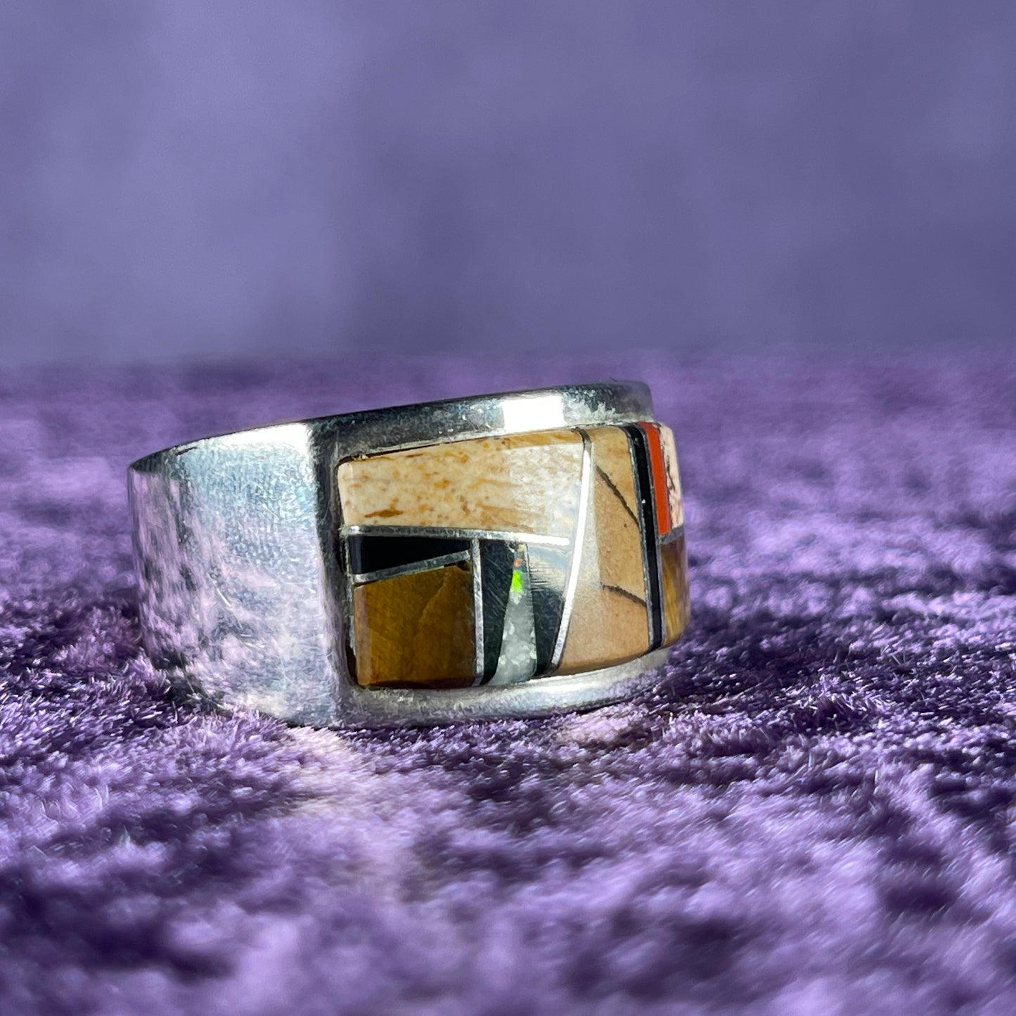 Native American Navajo Sterling Silver Tigers Eye Opal Rectangle Ring 925 Calvin Begay Size X / 11.5 