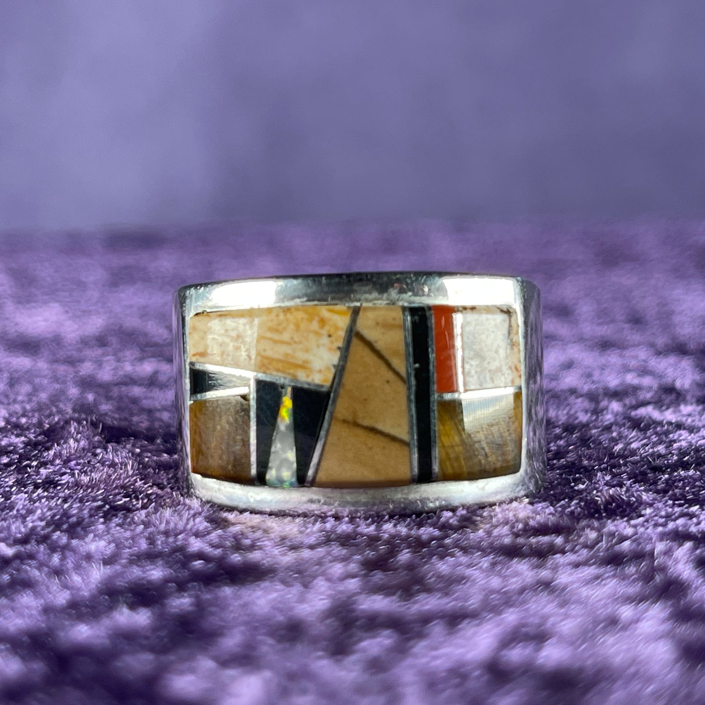 Native American Navajo Sterling Silver Tigers Eye Opal Rectangle Ring 925 Calvin Begay Size X / 11.5 
