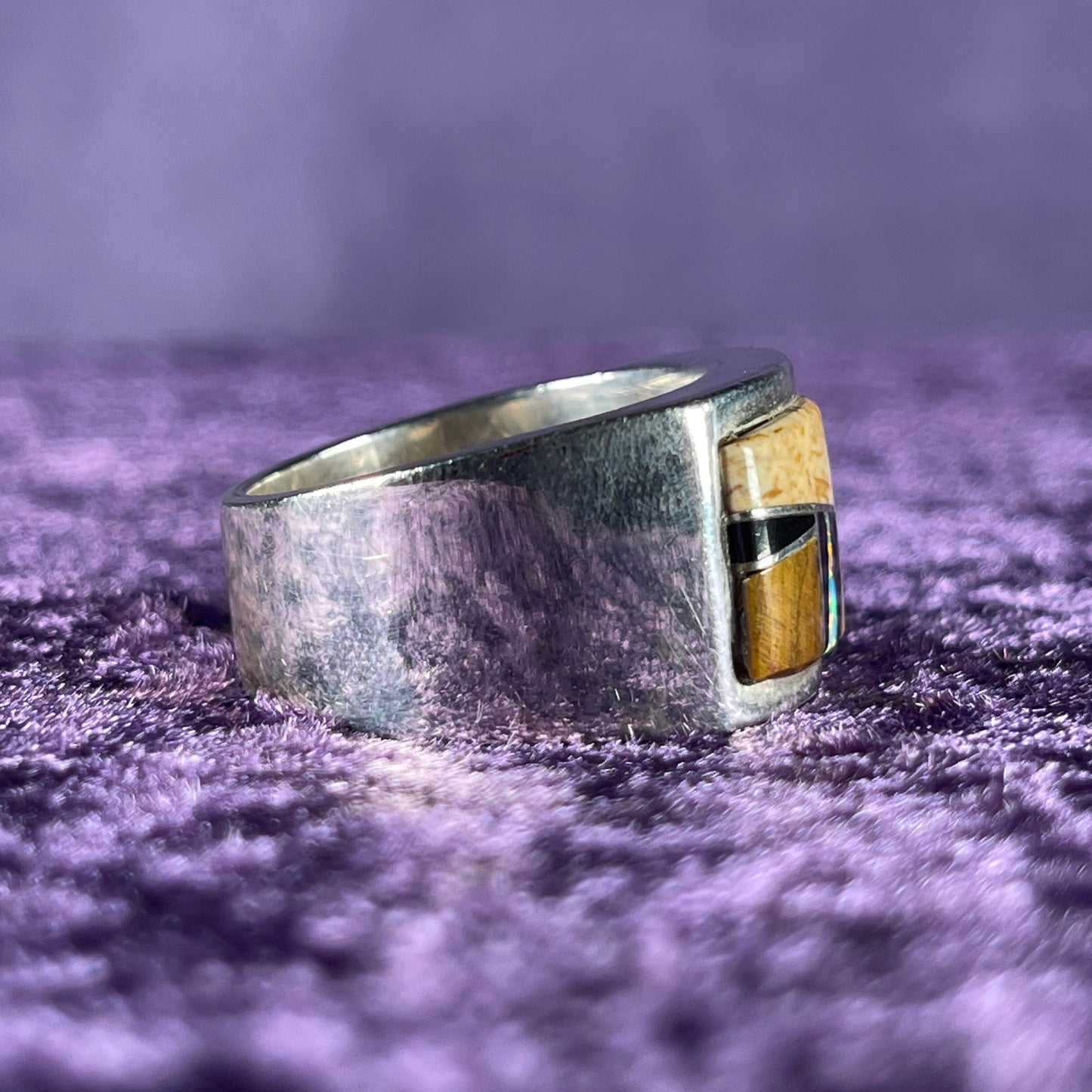 Native American Navajo Sterling Silver Tigers Eye Opal Rectangle Ring 925 Calvin Begay Size X / 11.5 