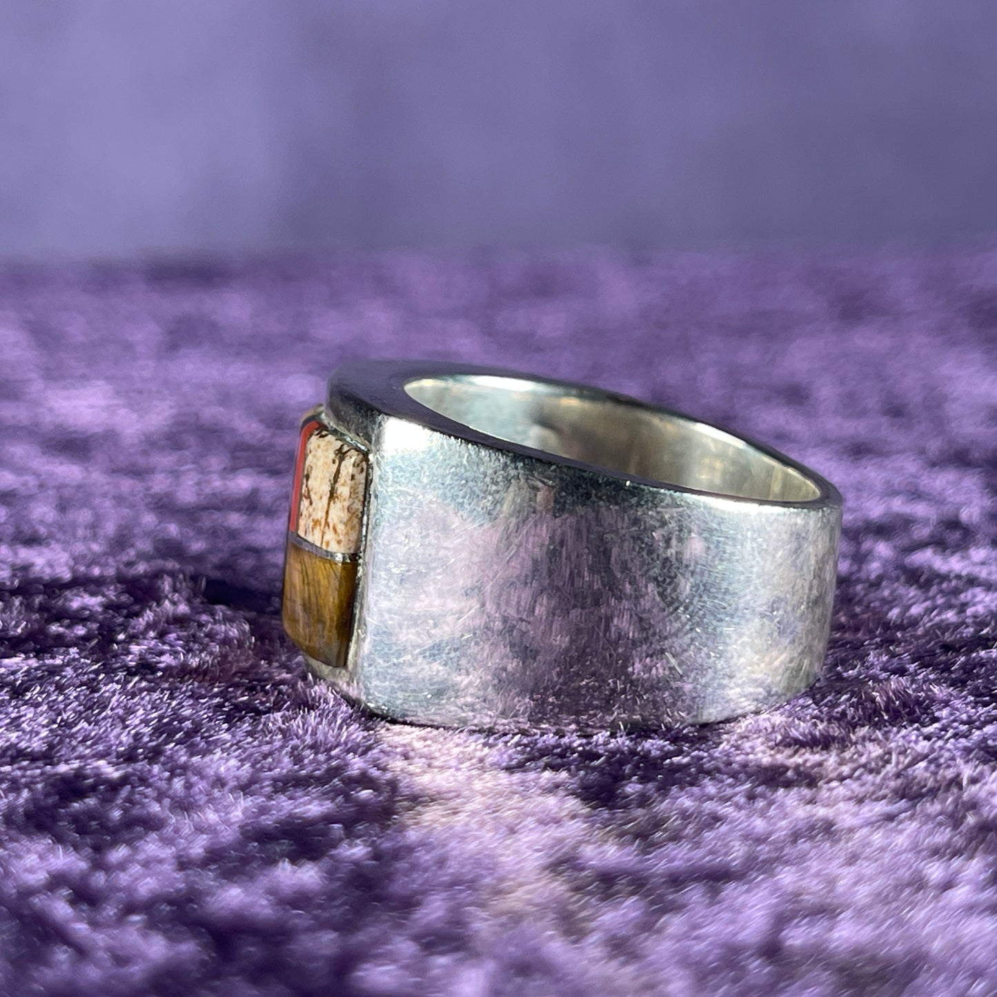Native American Navajo Sterling Silver Tigers Eye Opal Rectangle Ring 925 Calvin Begay Size X / 11.5 