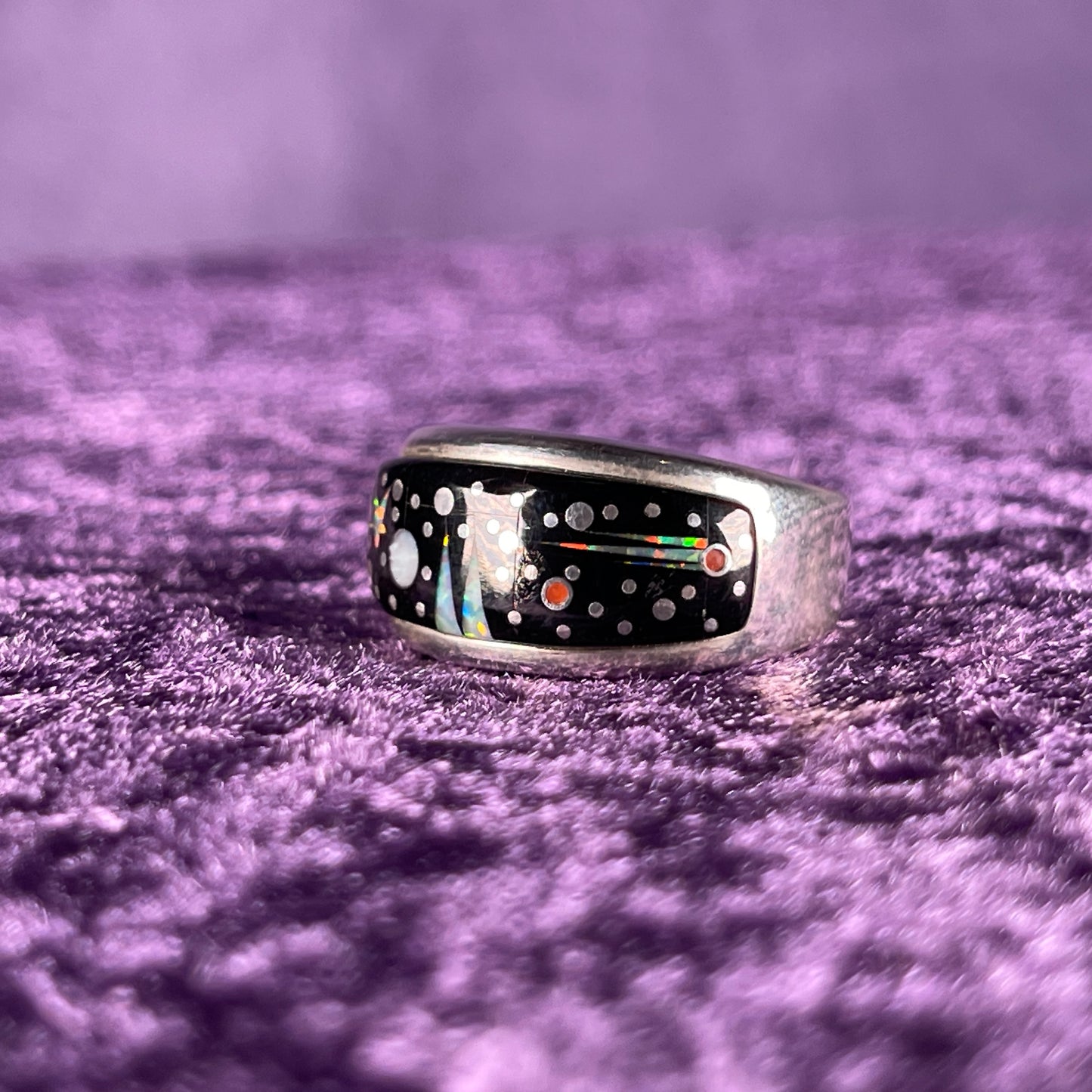 Native American Navajo Sterling Silver Rectangle Ring 925 Calvin Begay Stary Night Opal Size V / 10.25