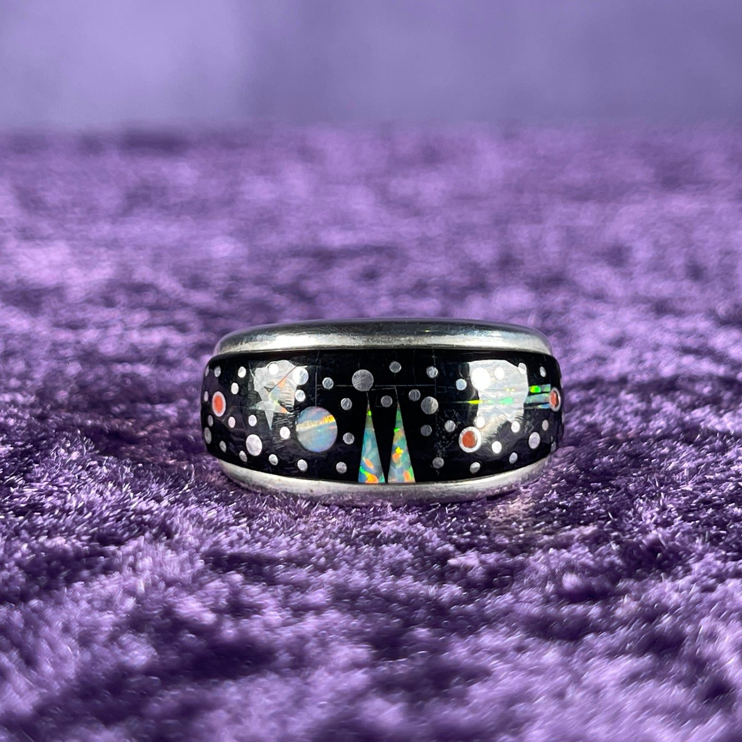 Native American Navajo Sterling Silver Rectangle Ring 925 Calvin Begay Stary Night Opal Size V / 10.25