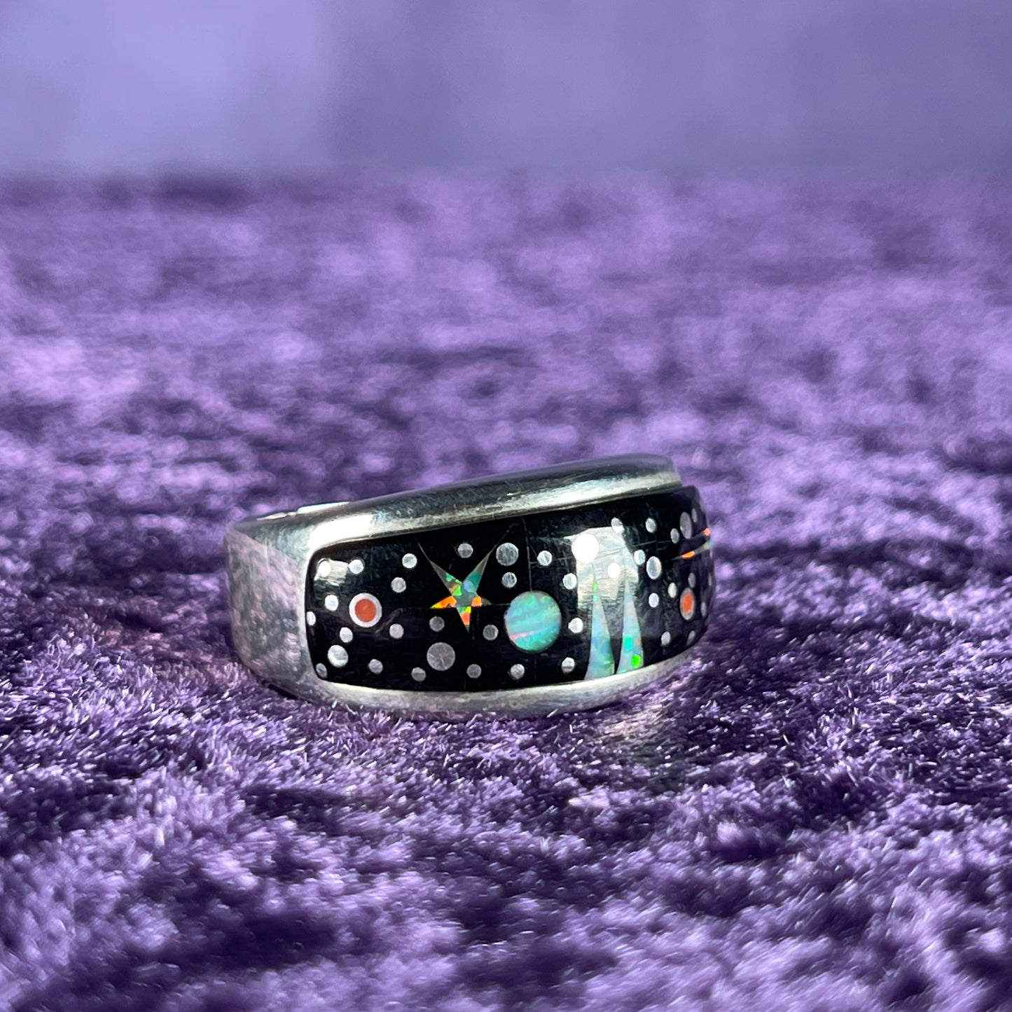 Native American Navajo Sterling Silver Rectangle Ring 925 Calvin Begay Stary Night Opal Size V / 10.25