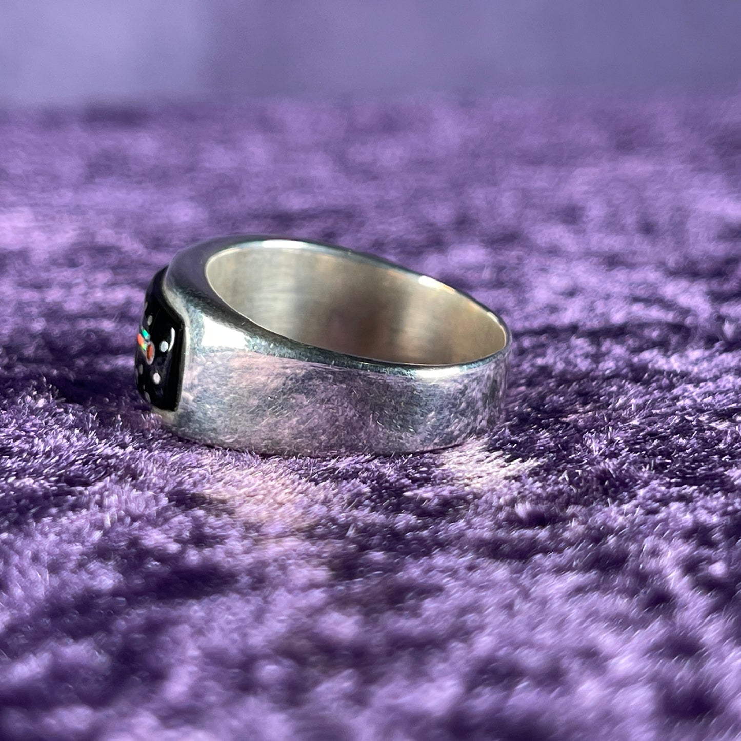 Native American Navajo Sterling Silver Rectangle Ring 925 Calvin Begay Stary Night Opal Size V / 10.25