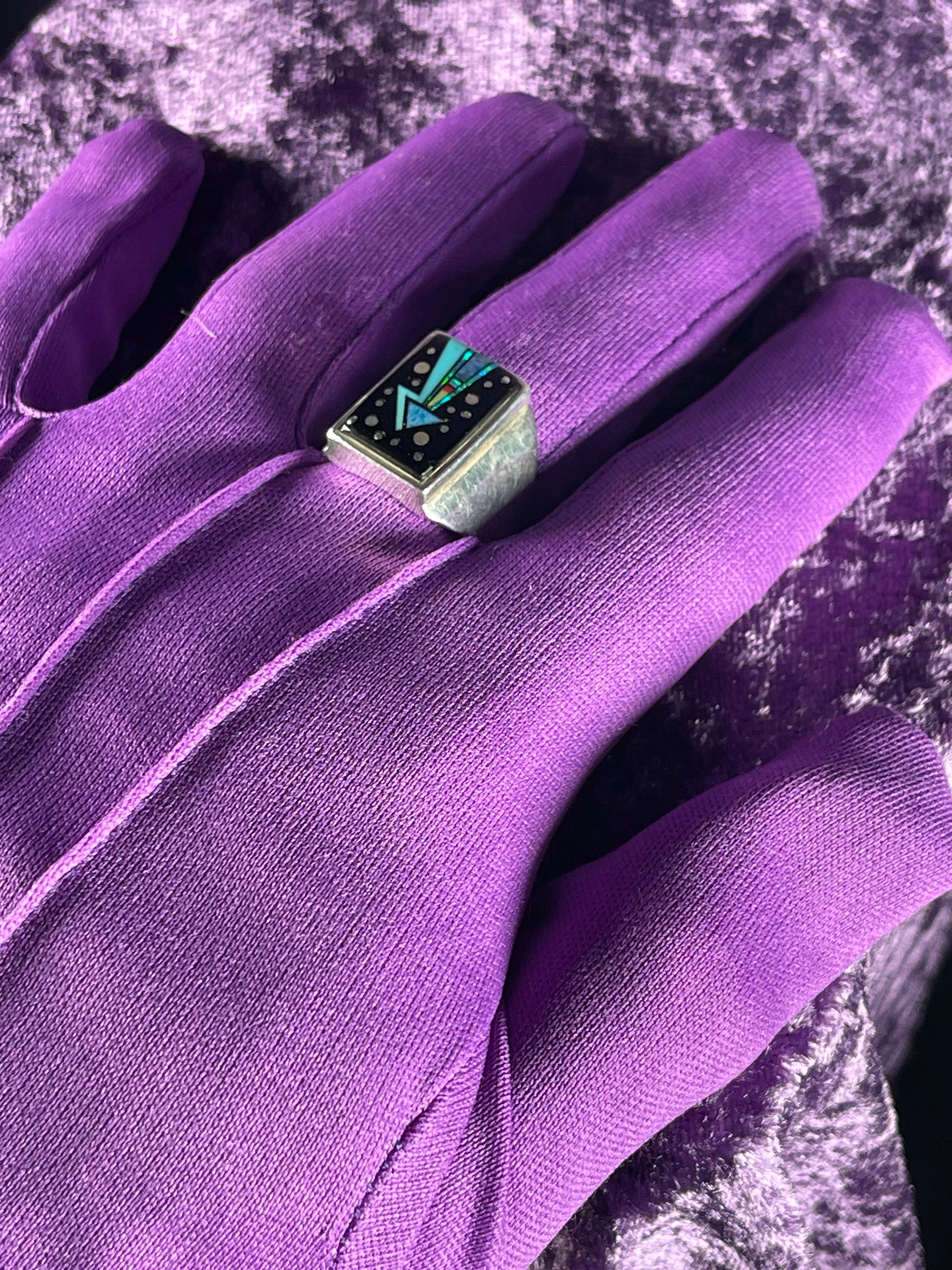 Native American Navajo Sterling Silver Mens Ring 925 Calvin Begay Starry Night Opal Size Z / 12.5