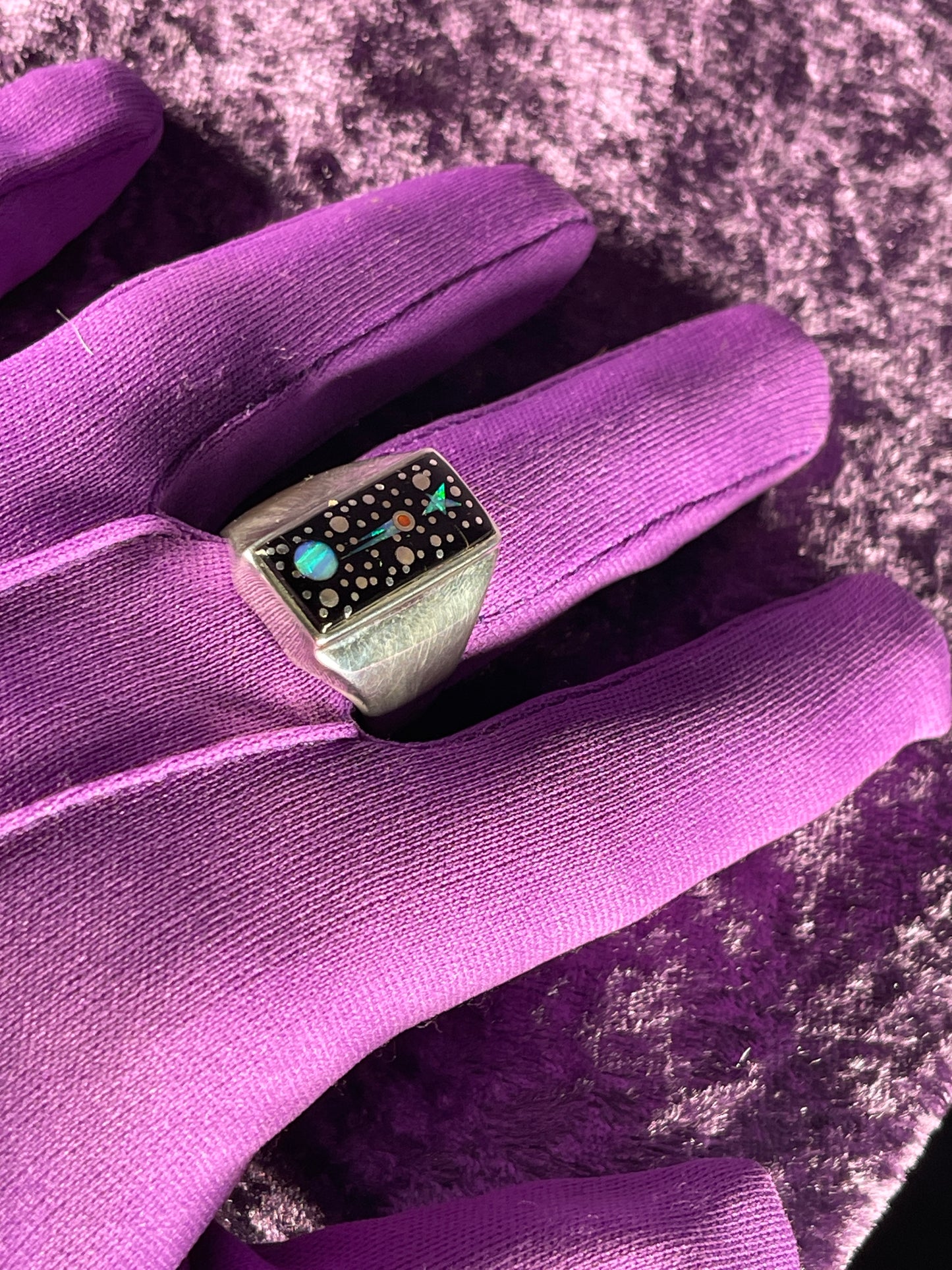Native American Navajo Sterling Silver Mens Ring 925 Calvin Begay Starry Night Opal Size Z + 2 / 13.5