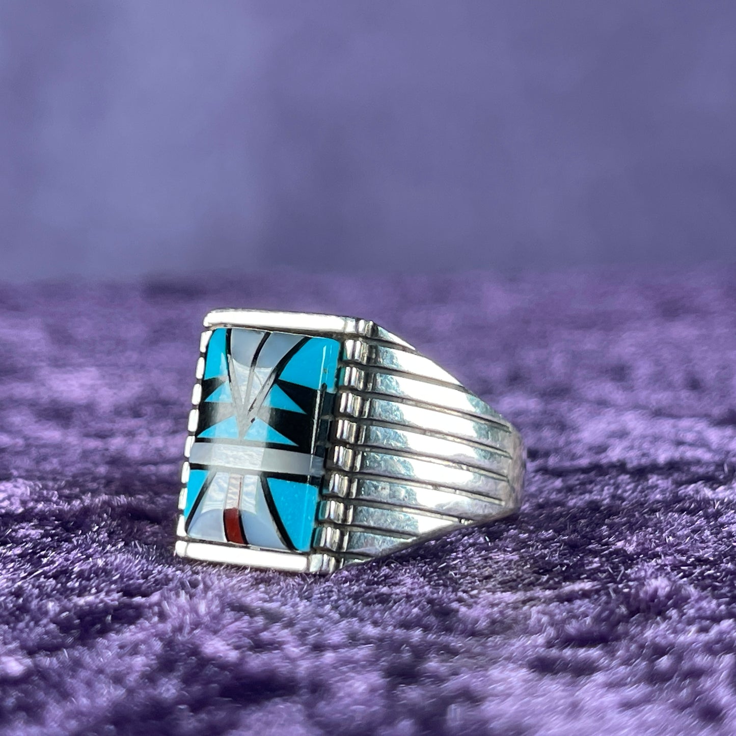 Native American Navajo Sterling Silver Ring 925 Sam Begay Turquoise Coral Mother of Pearl Size Z + 2 / 13.5
