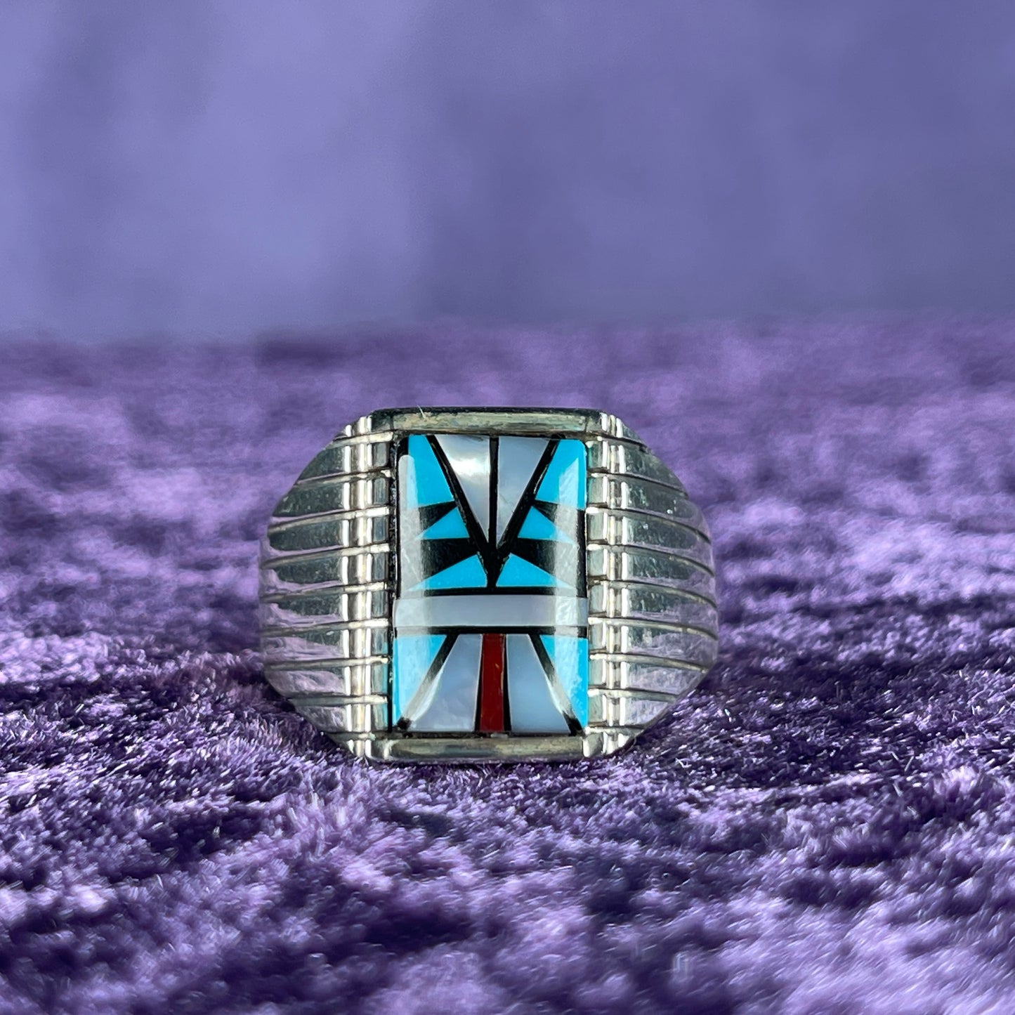 Native American Navajo Sterling Silver Ring 925 Sam Begay Turquoise Coral Mother of Pearl Size Z + 2 / 13.5