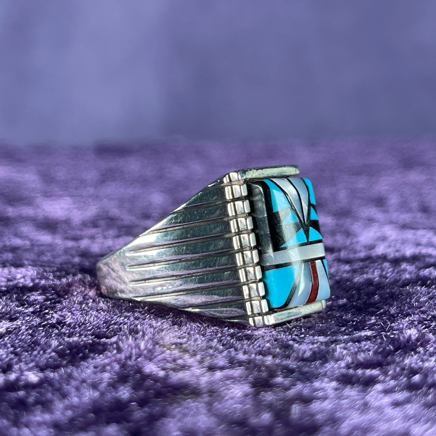 Native American Navajo Sterling Silver Ring 925 Sam Begay Turquoise Coral Mother of Pearl Size Z + 2 / 13.5