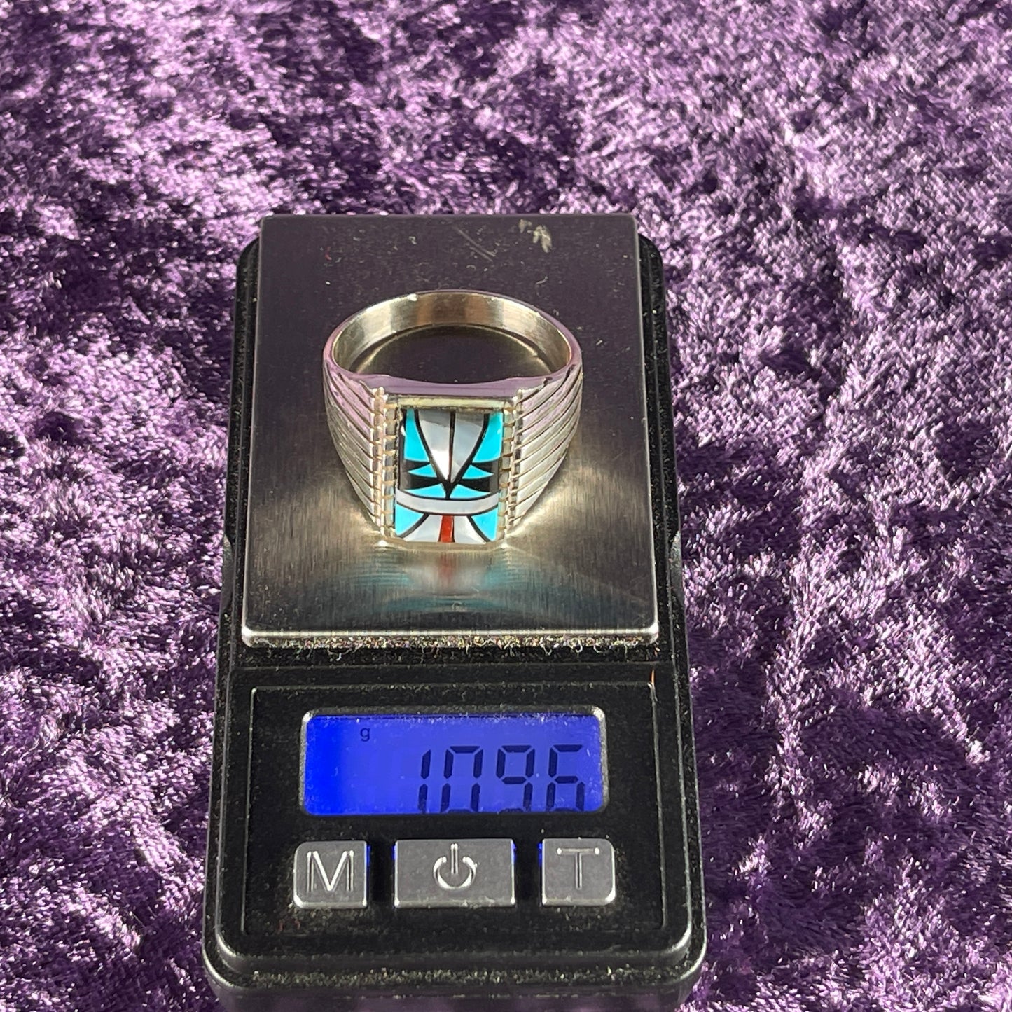 Native American Navajo Sterling Silver Ring 925 Sam Begay Turquoise Coral Mother of Pearl Size Z + 2 / 13.5