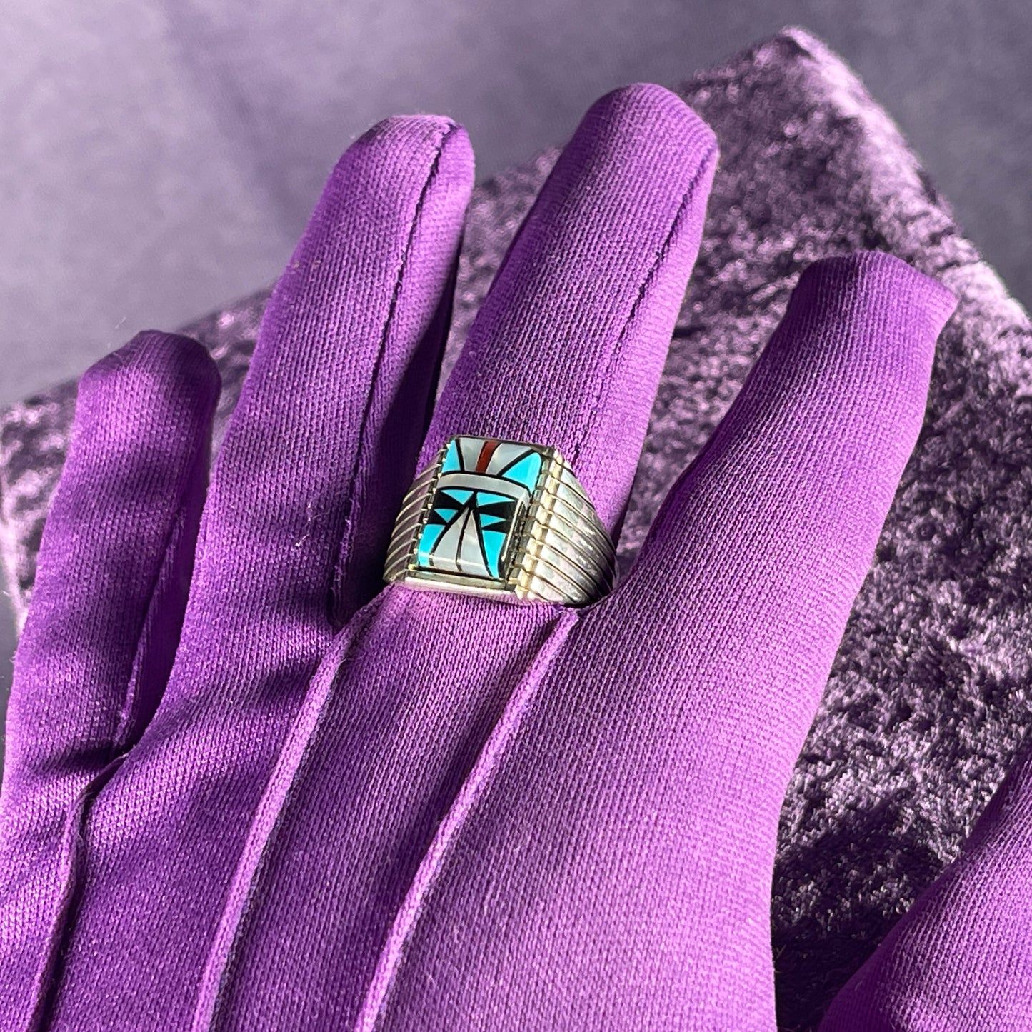 Native American Navajo Sterling Silver Ring 925 Sam Begay Turquoise Coral Mother of Pearl Size Z + 2 / 13.5