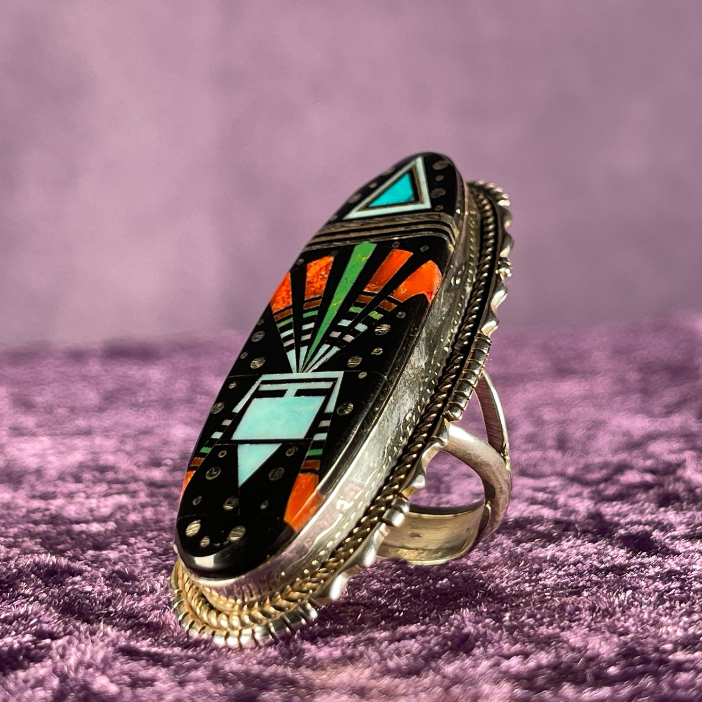 Native American Navajo Sterling Silver Ring 925 Ray Jack Large Multi Stone Inlay Ring Night Size S / 9
