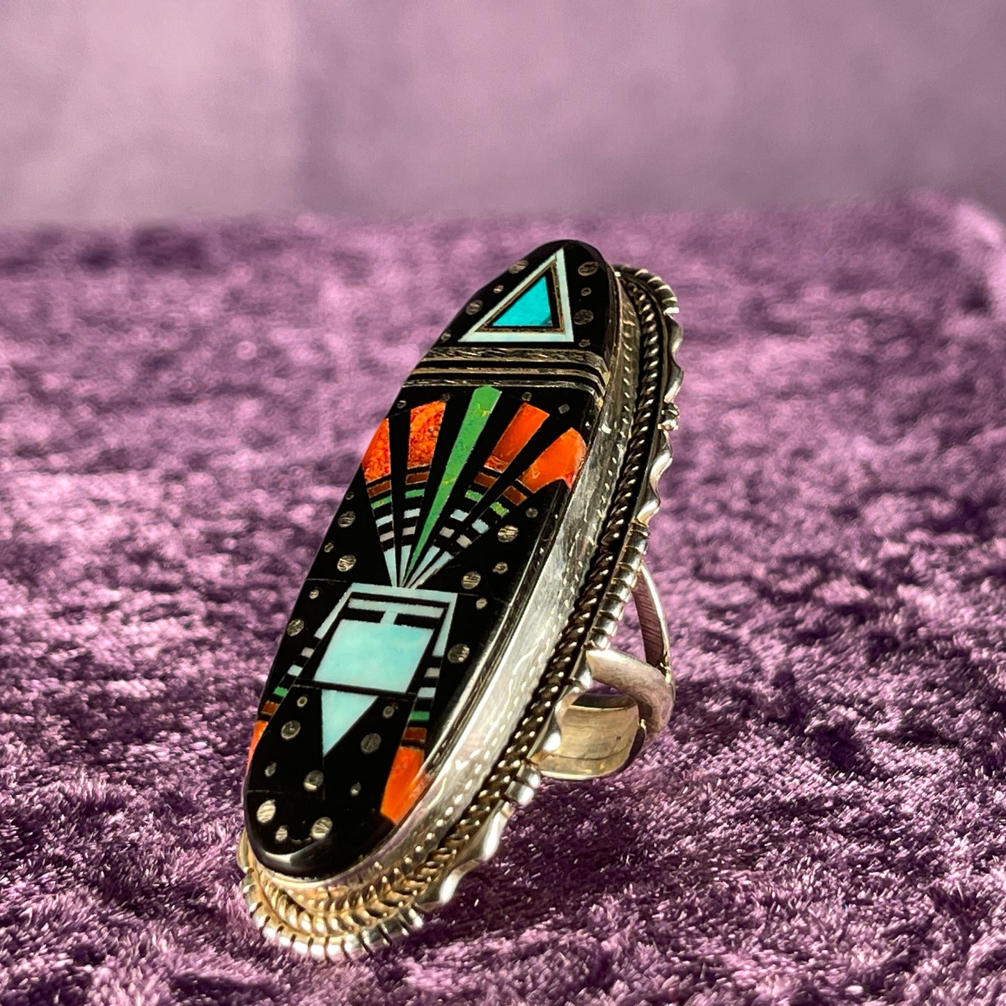 Native American Navajo Sterling Silver Ring 925 Ray Jack Large Multi Stone Inlay Ring Night Size S / 9