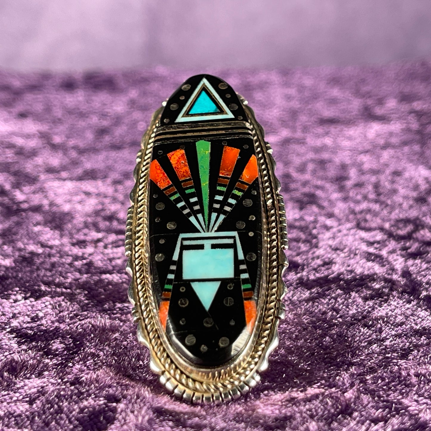 Native American Navajo Sterling Silver Ring 925 Ray Jack Large Multi Stone Inlay Ring Night Size S / 9