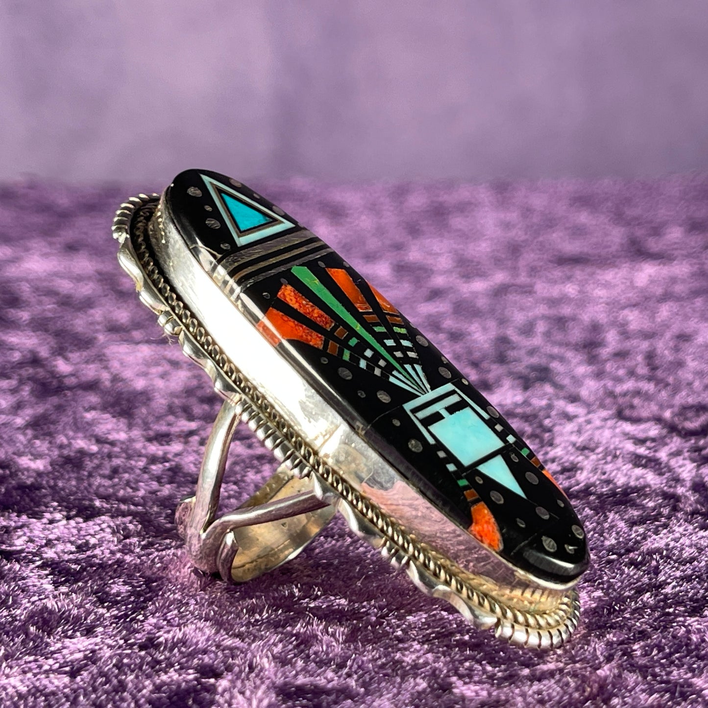 Native American Navajo Sterling Silver Ring 925 Ray Jack Large Multi Stone Inlay Ring Night Size S / 9