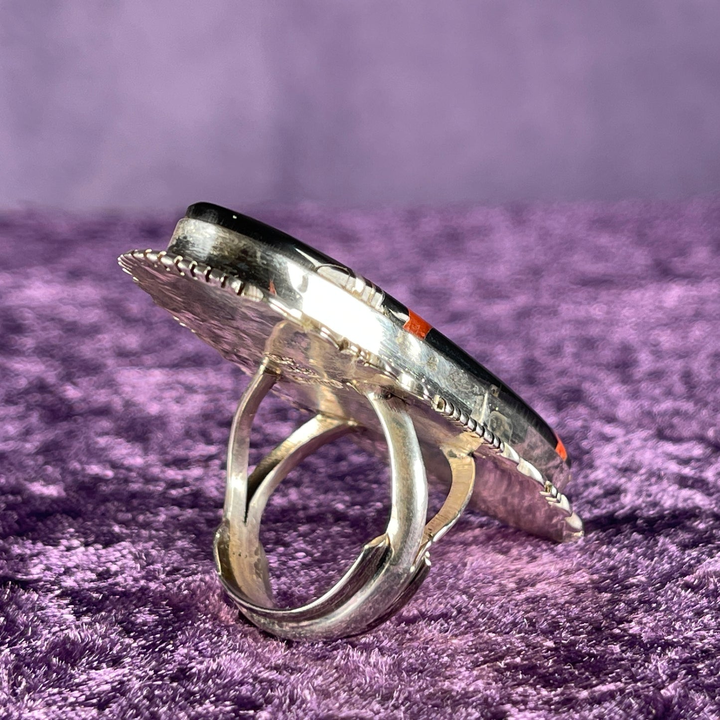 Native American Navajo Sterling Silver Ring 925 Ray Jack Large Multi Stone Inlay Ring Night Size S / 9