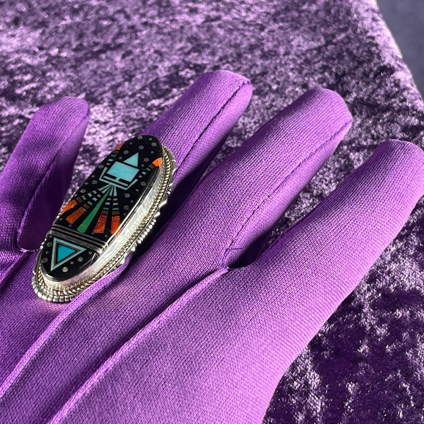 Native American Navajo Sterling Silver Ring 925 Ray Jack Large Multi Stone Inlay Ring Night Size S / 9