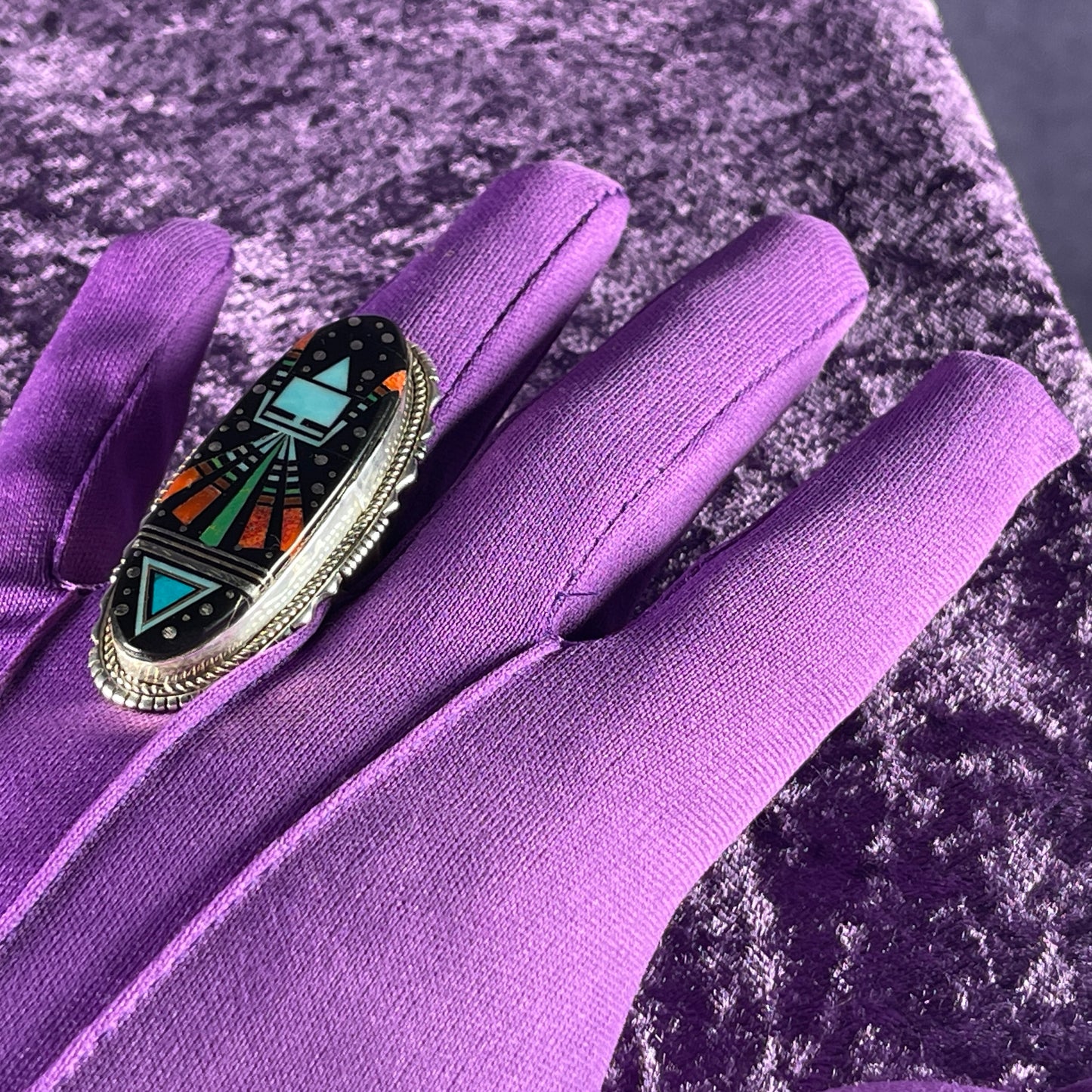 Native American Navajo Sterling Silver Ring 925 Ray Jack Large Multi Stone Inlay Ring Night Size S / 9