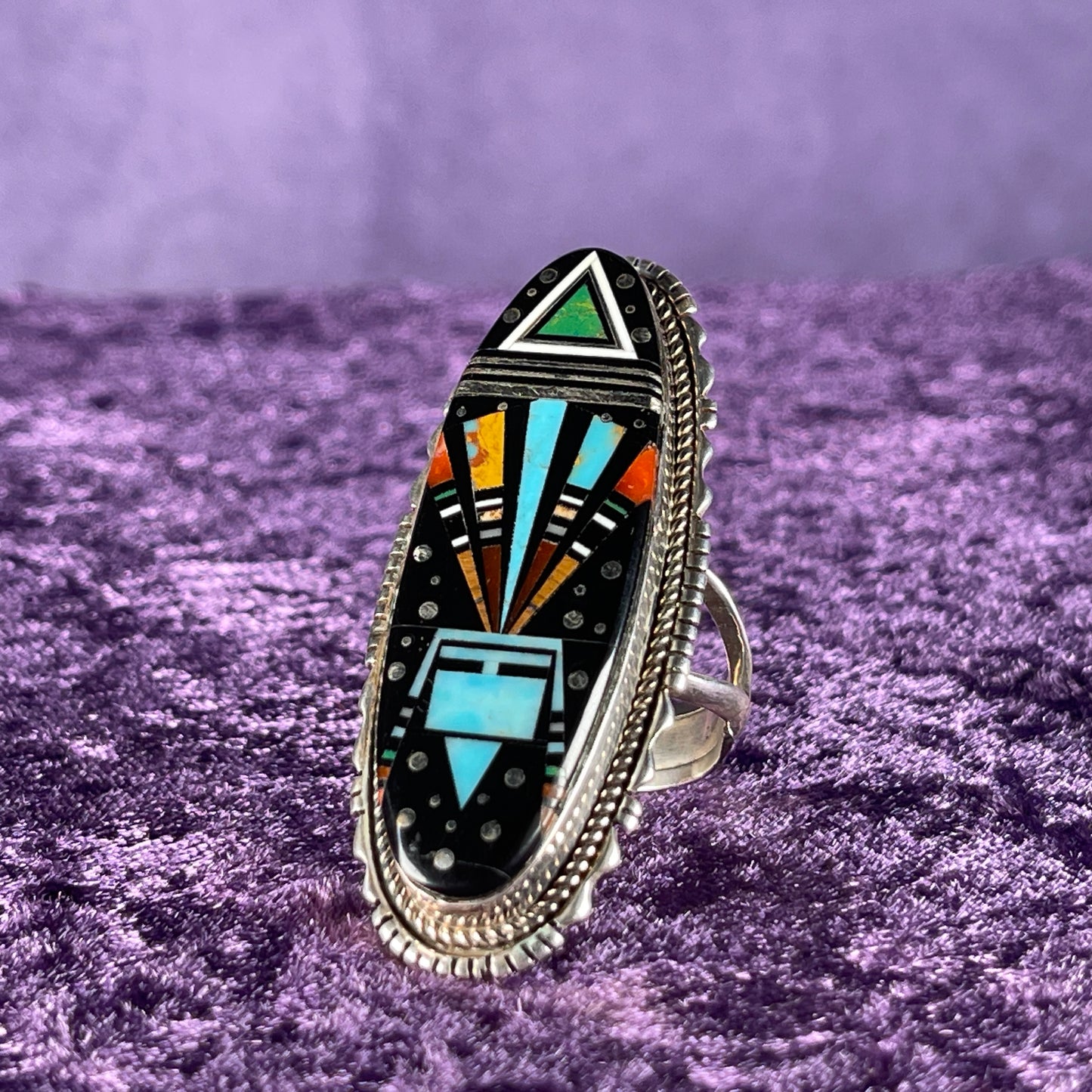 Native American Navajo Sterling Silver Ring 925 Ray Jack Large Multi Stone Inlay Ring Night Size Z + 2 / 13.5