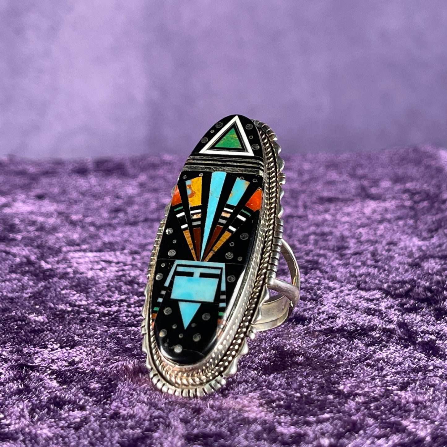 Native American Navajo Sterling Silver Ring 925 Ray Jack Large Multi Stone Inlay Ring Night Size Z + 2 / 13.5