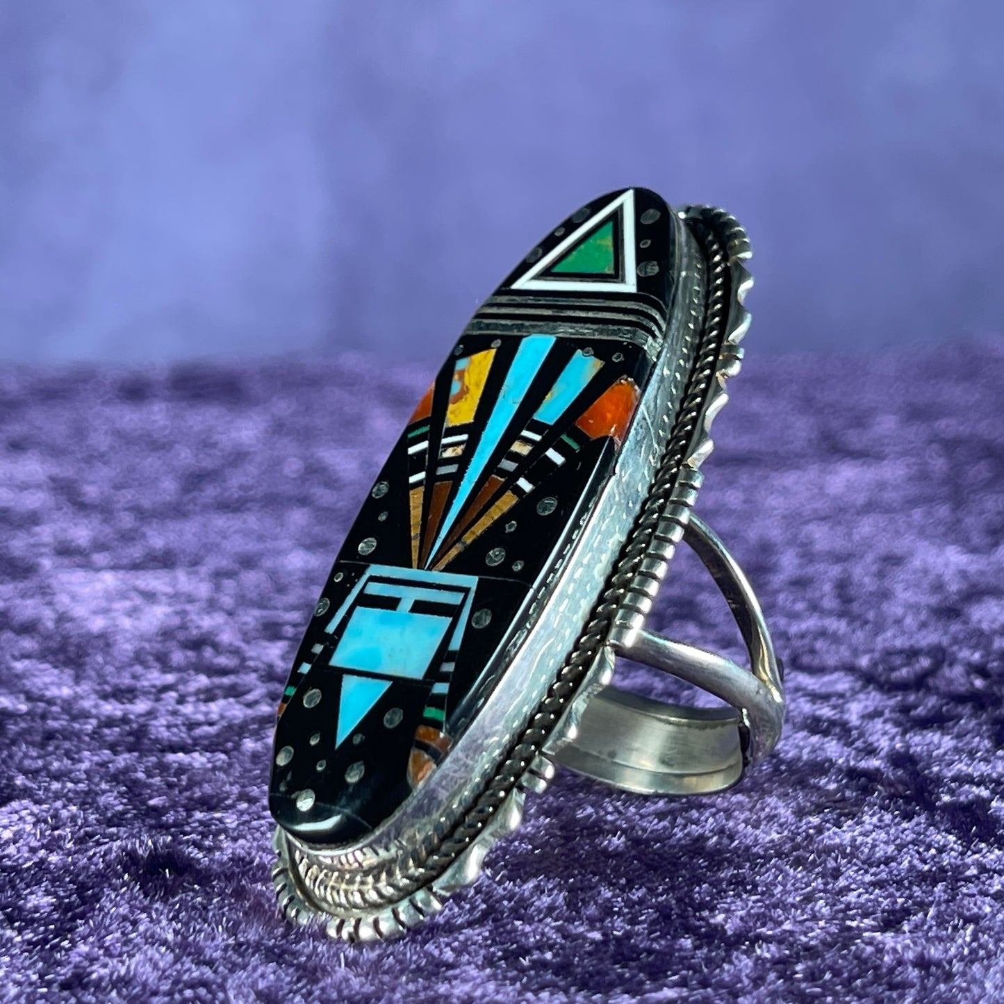 Native American Navajo Sterling Silver Ring 925 Ray Jack Large Multi Stone Inlay Ring Night Size Z + 2 / 13.5