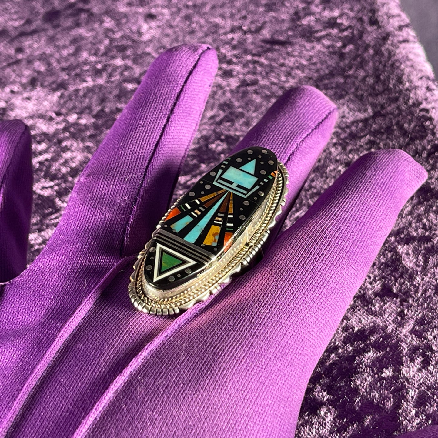 Native American Navajo Sterling Silver Ring 925 Ray Jack Large Multi Stone Inlay Ring Night Size Z + 2 / 13.5