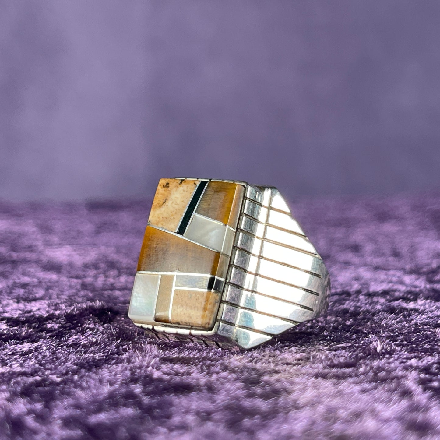 Native American Navajo Sterling Silver Ring 925 Ray Jack Multistone Tigers Eye Onyx Mother of Pearl Size W / 11