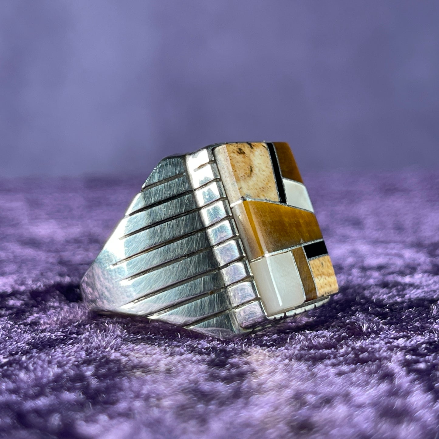 Native American Navajo Sterling Silver Ring 925 Ray Jack Multistone Tigers Eye Onyx Mother of Pearl Size W / 11
