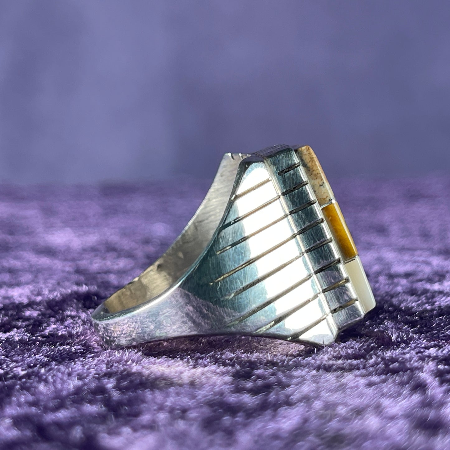 Native American Navajo Sterling Silver Ring 925 Ray Jack Multistone Tigers Eye Onyx Mother of Pearl Size W / 11