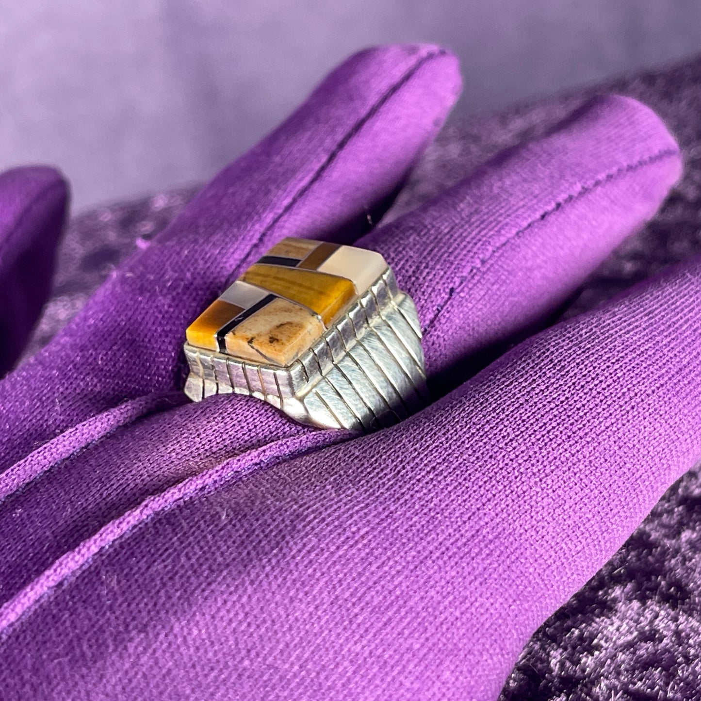 Native American Navajo Sterling Silver Ring 925 Ray Jack Multistone Tigers Eye Onyx Mother of Pearl Size W / 11