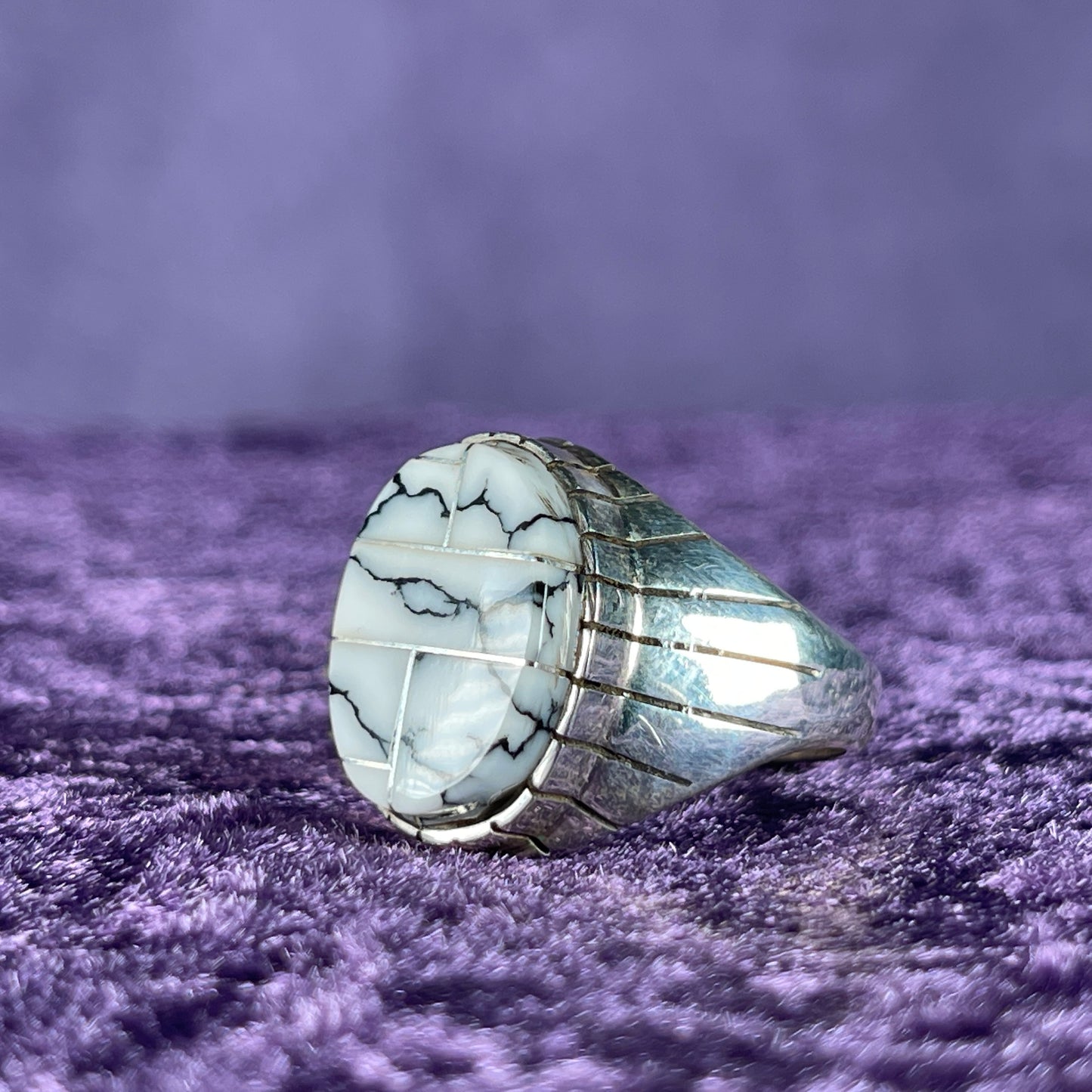 Native American Navajo Sterling Silver Ring 925 Ray Jack White Buffalo Turquoise Size Z / 12.5