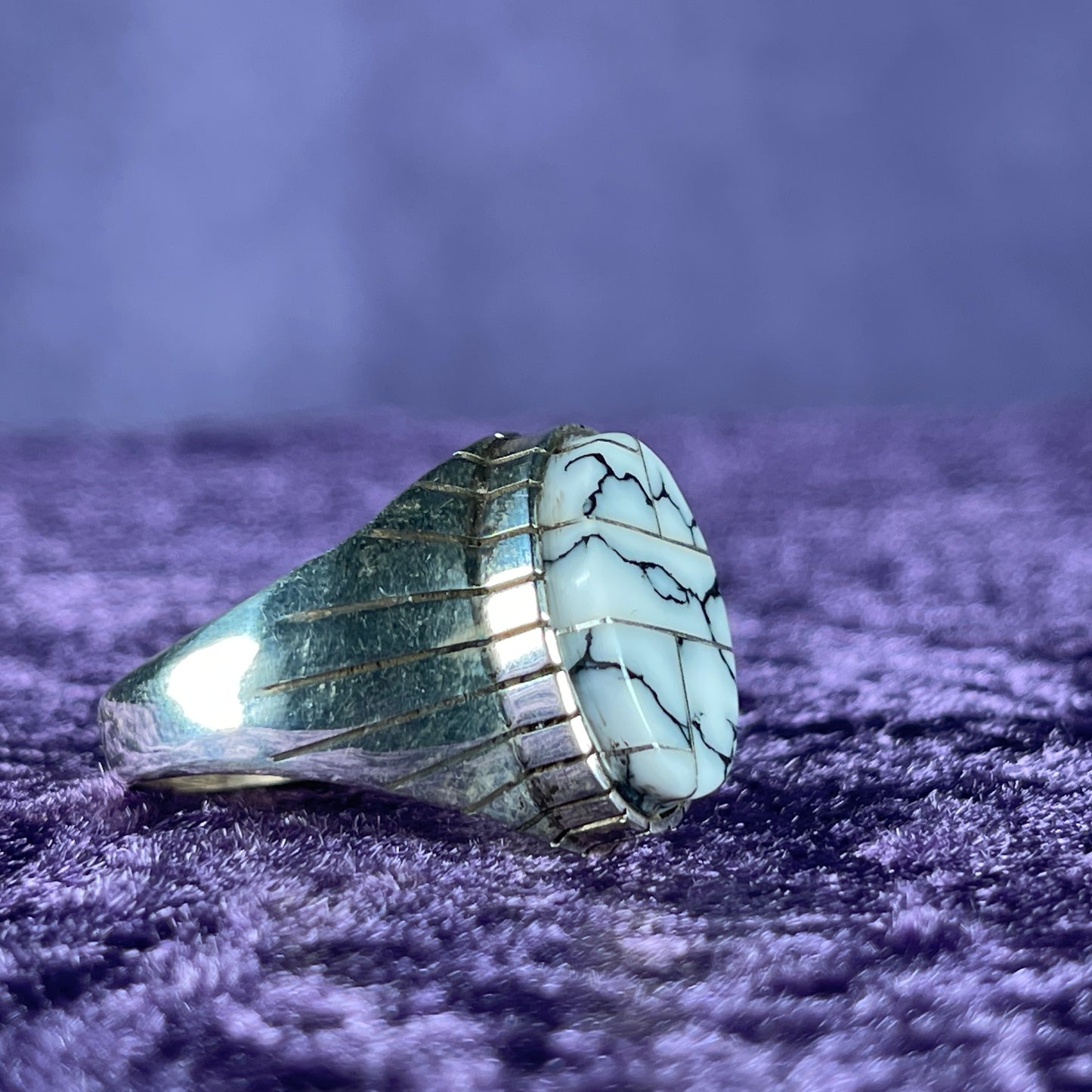 Native American Navajo Sterling Silver Ring 925 Ray Jack White Buffalo Turquoise Size Z / 12.5