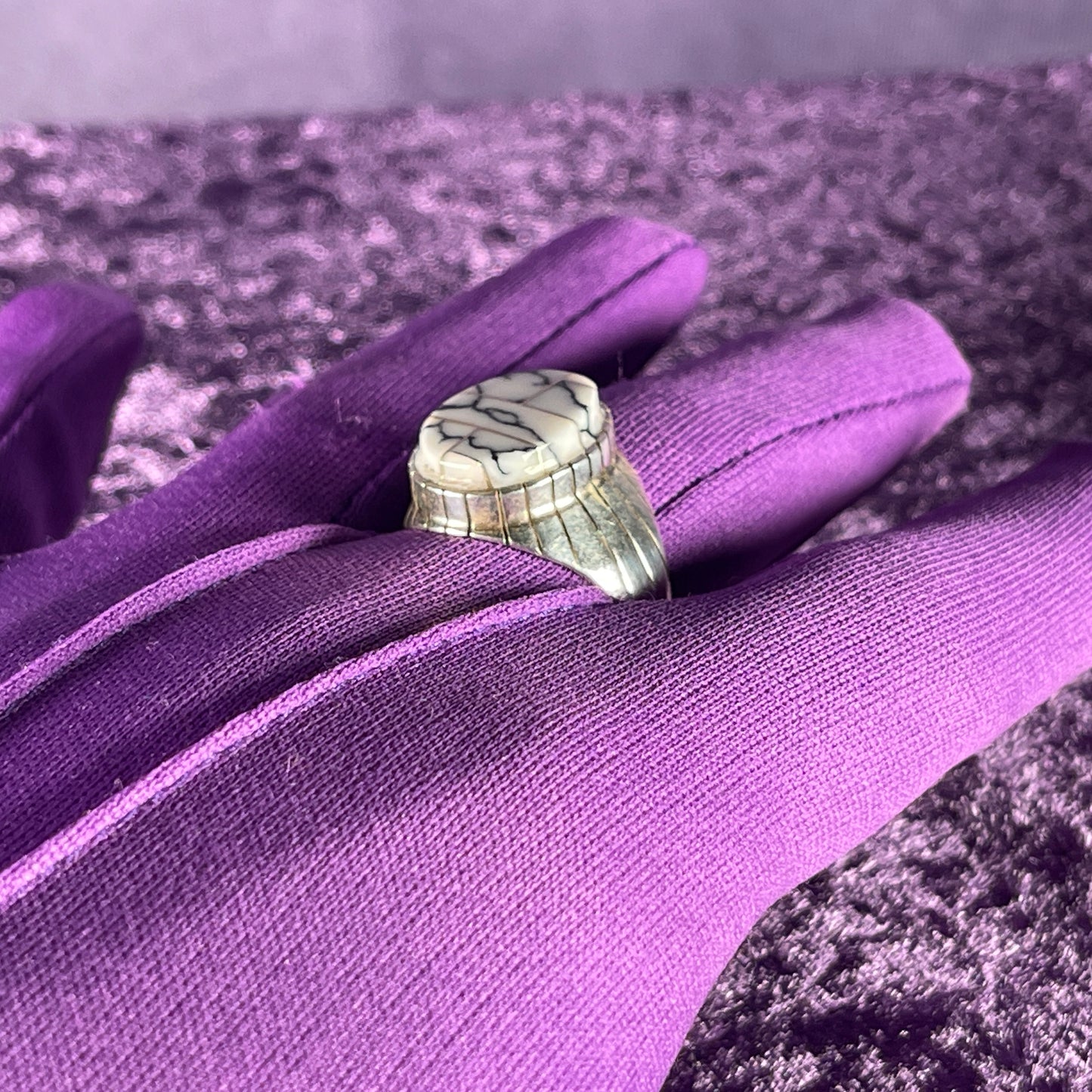 Native American Navajo Sterling Silver Ring 925 Ray Jack White Buffalo Turquoise Size Z / 12.5