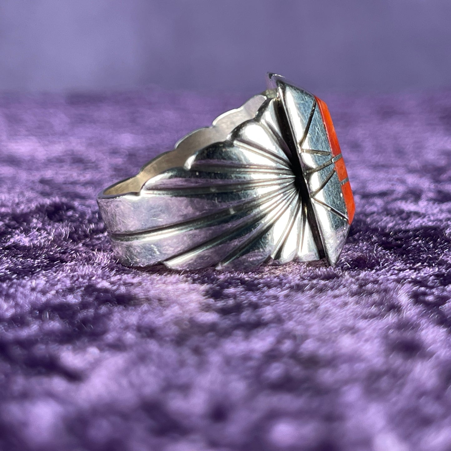 Native American Navajo Sterling Silver Ring 925 Chester Benally Coral Size U / 10.5