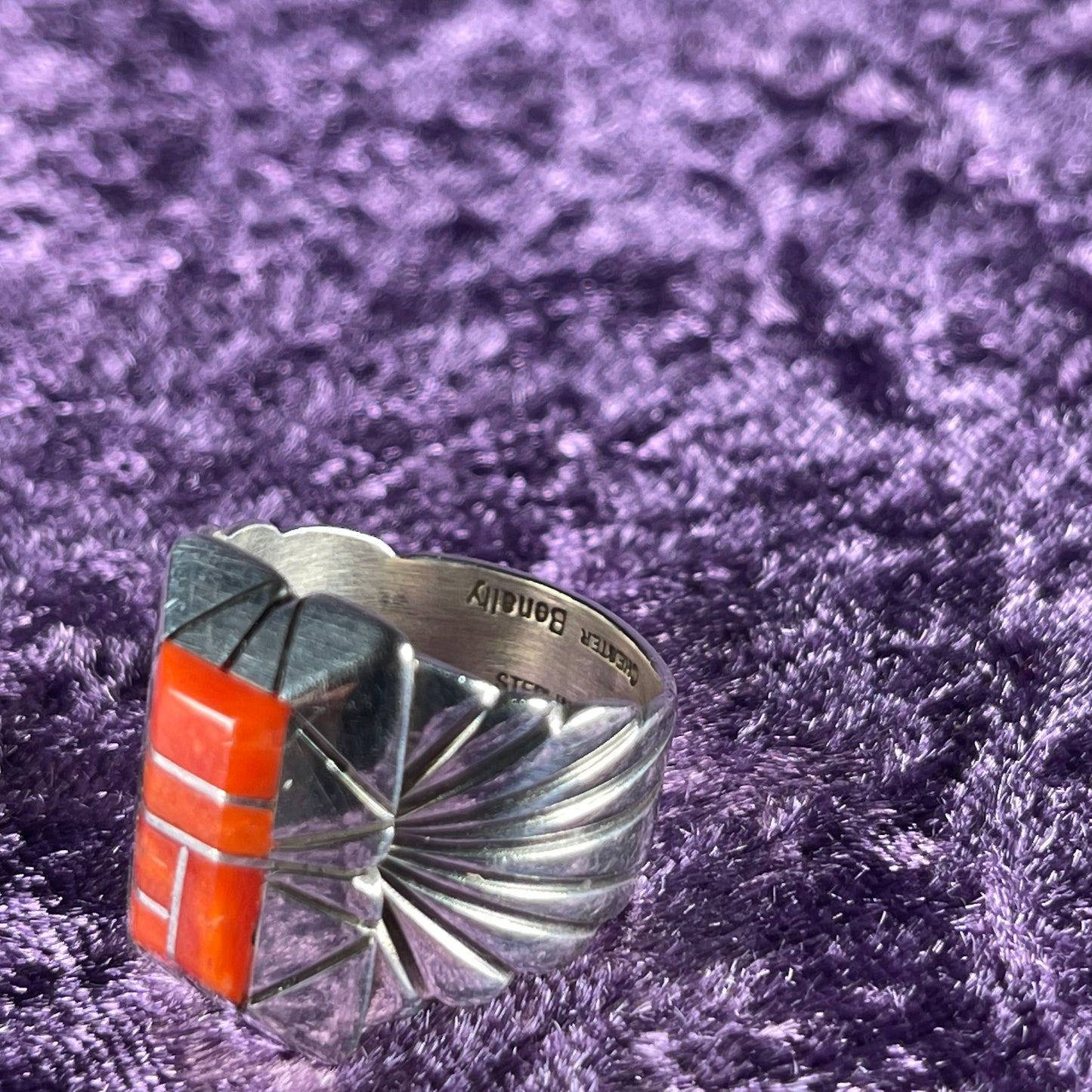 Native American Navajo Sterling Silver Ring 925 Chester Benally Coral Size U / 10.5